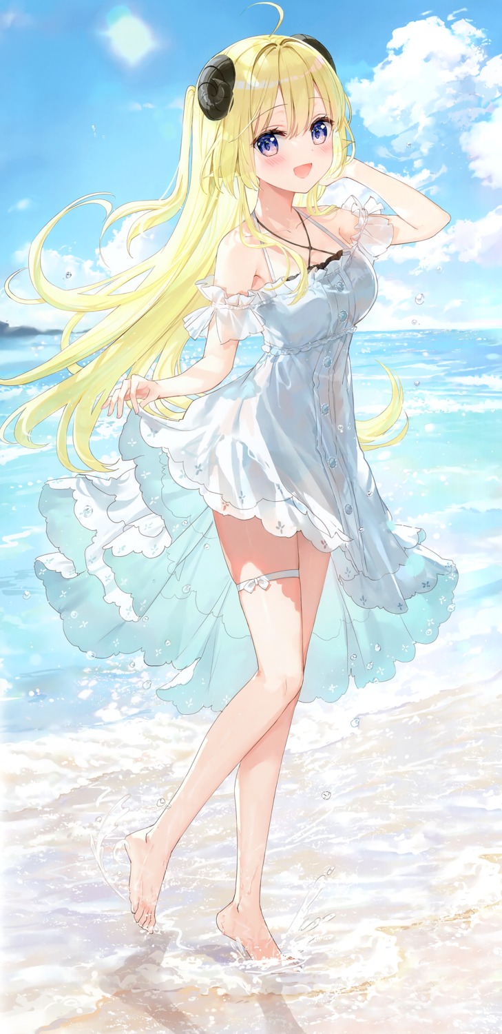 animal_ears dress fixed fuumi garter hololive horns pantsu radial_engine see_through skirt_lift summer_dress tsunomaki_watame wet