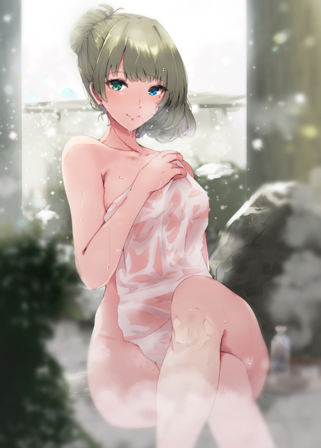 heterochromia onsen ryuu. takagaki_kaede the_idolm@ster the_idolm@ster_cinderella_girls towel wet