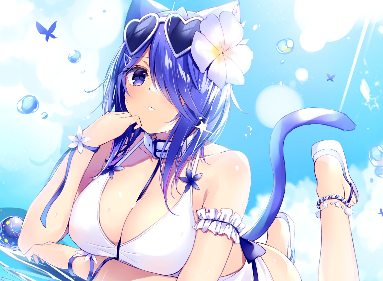 animal_ears breast_hold cleavage kurebayashi_noe megane nekomimi swimsuits tail