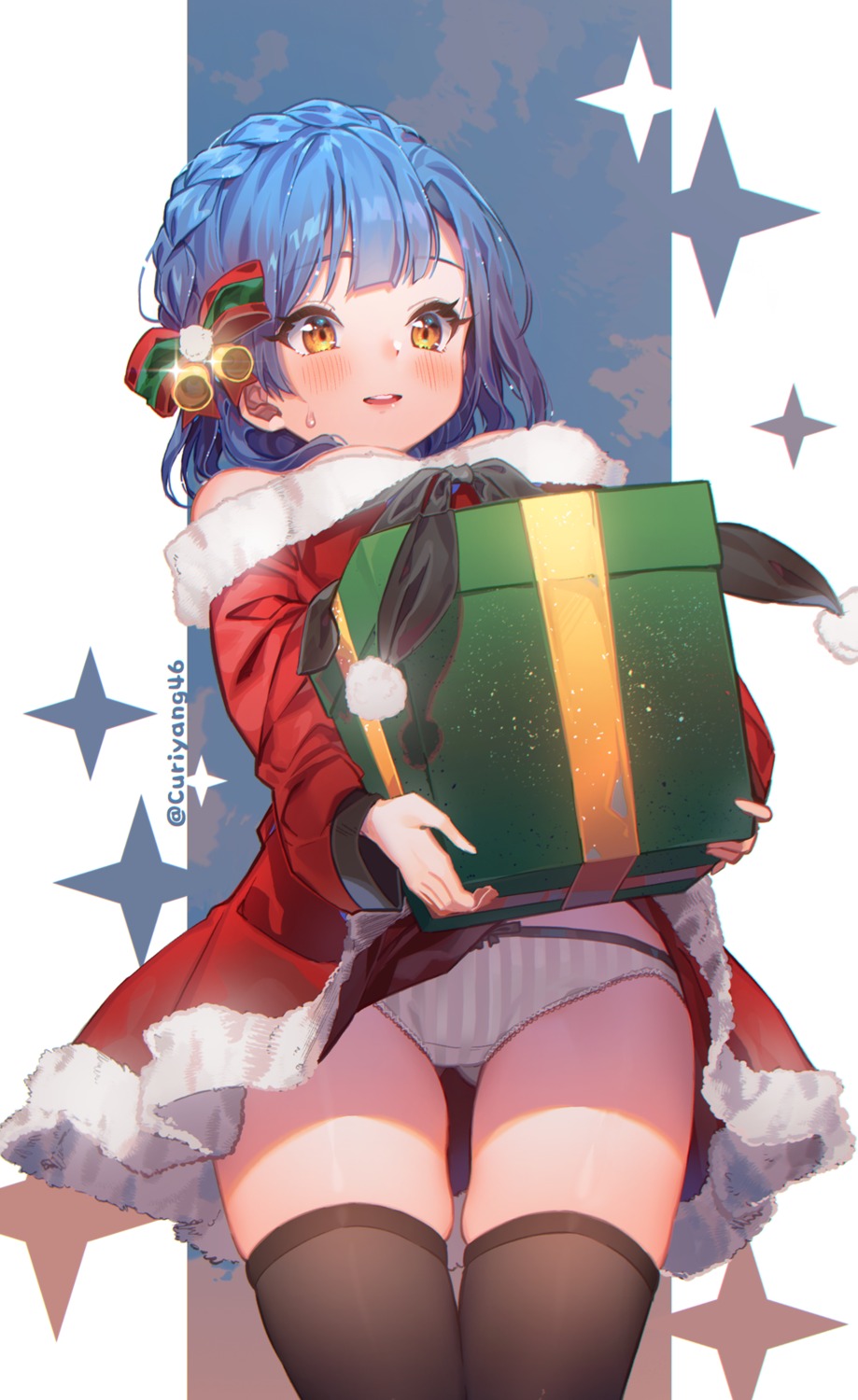 christmas dress kuri_choko nanao_yuriko pantsu shimapan skirt_lift the_idolm@ster the_idolm@ster_million_live! thighhighs wardrobe_malfunction