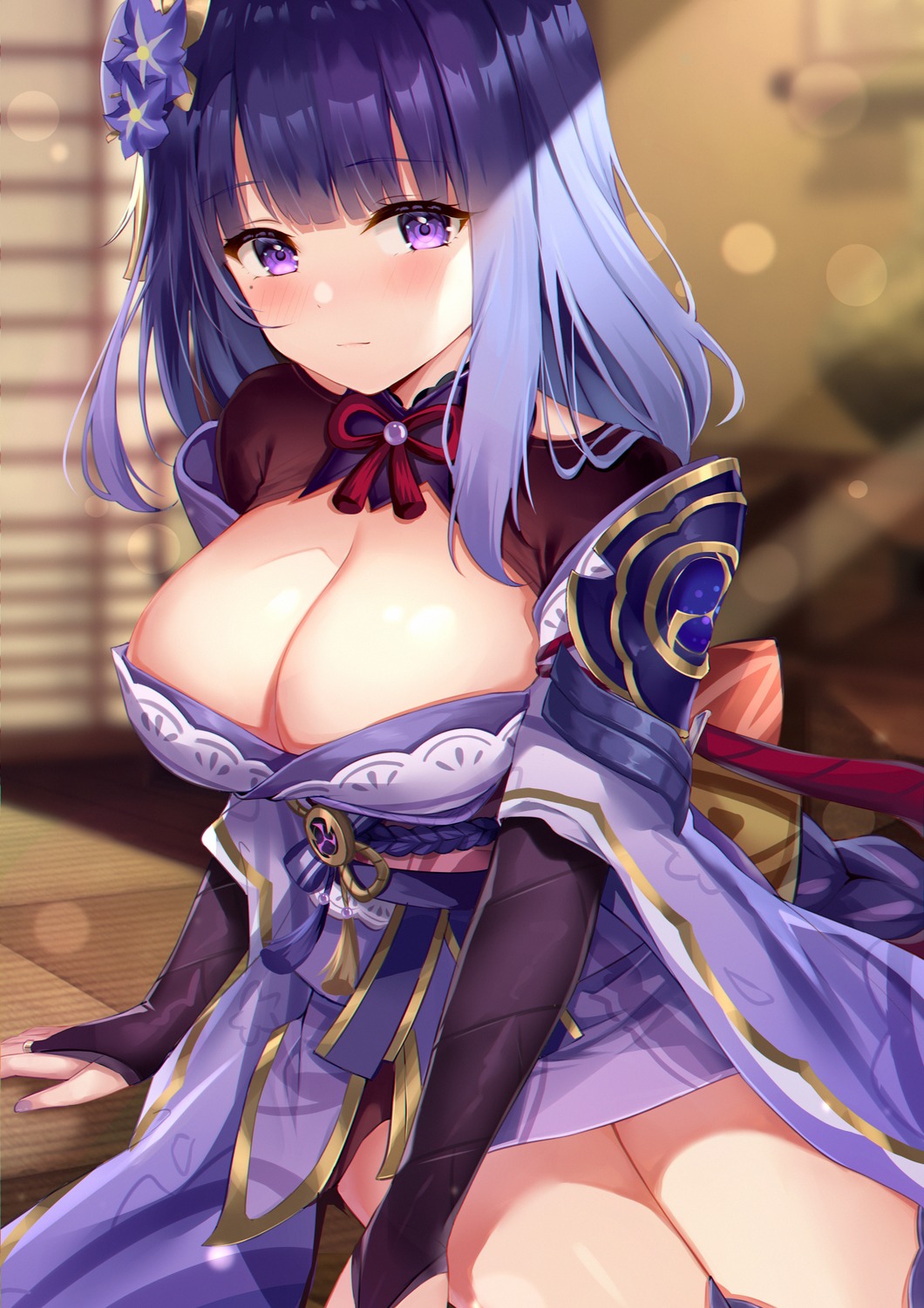 armor eric_(tianqijiang) genshin_impact japanese_clothes no_bra raiden_shogun thighhighs