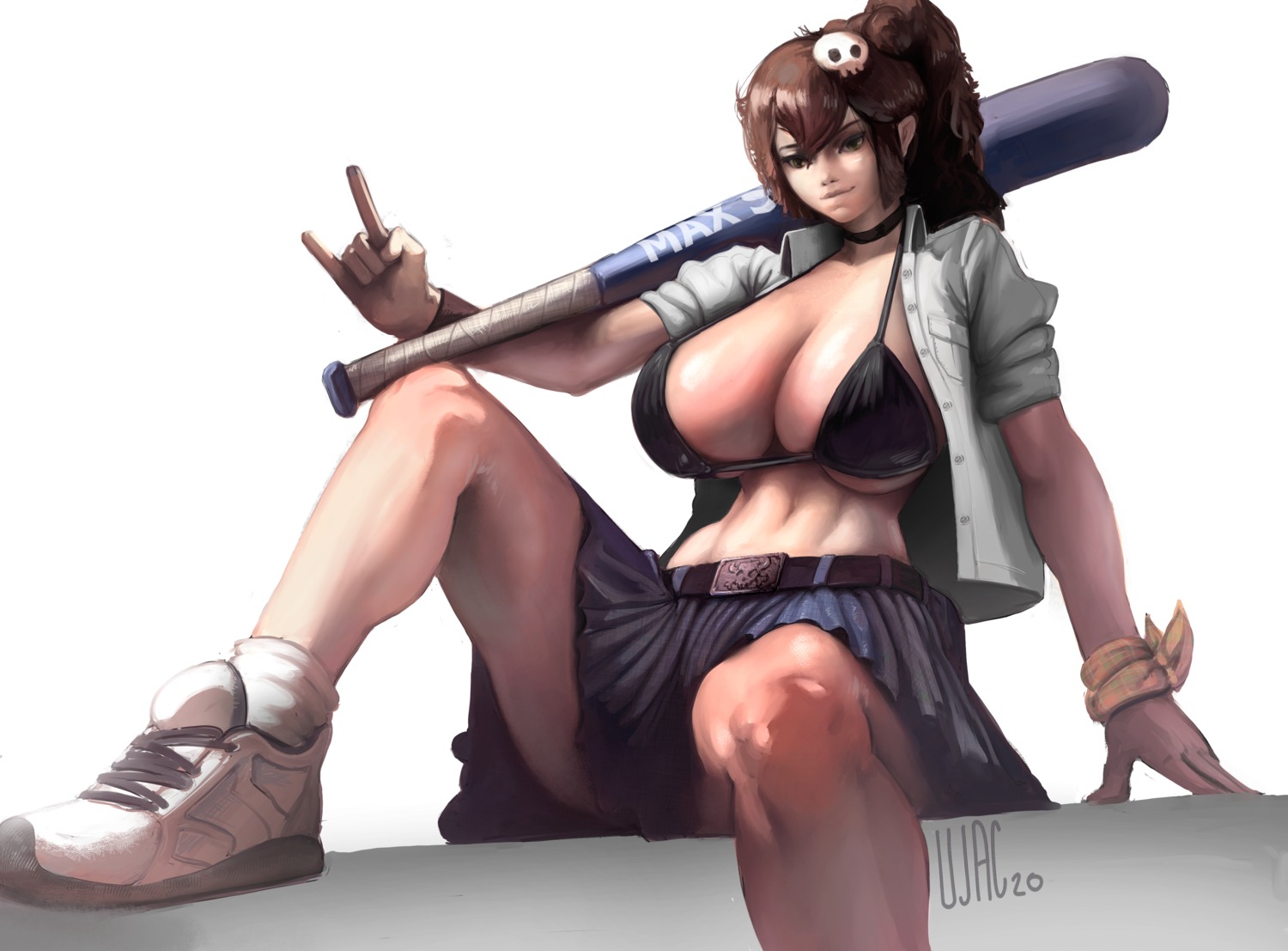 baseball bra dress_shirt open_shirt skirt_lift ujac weapon