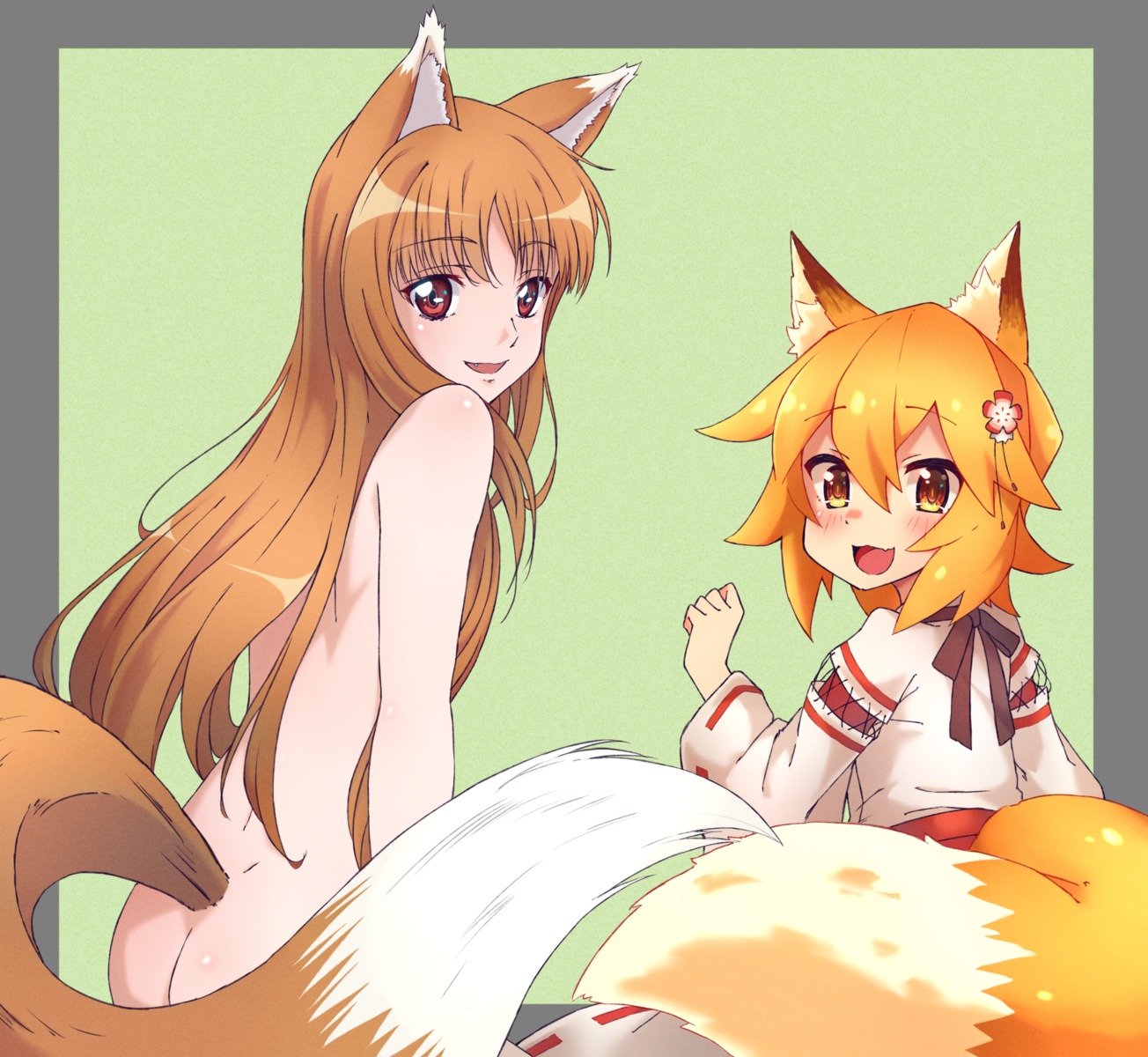 animal_ears ass crossover holo kitsune miko naked senko-san sewayaki_kitsune_no_senko-san spice_and_wolf tail