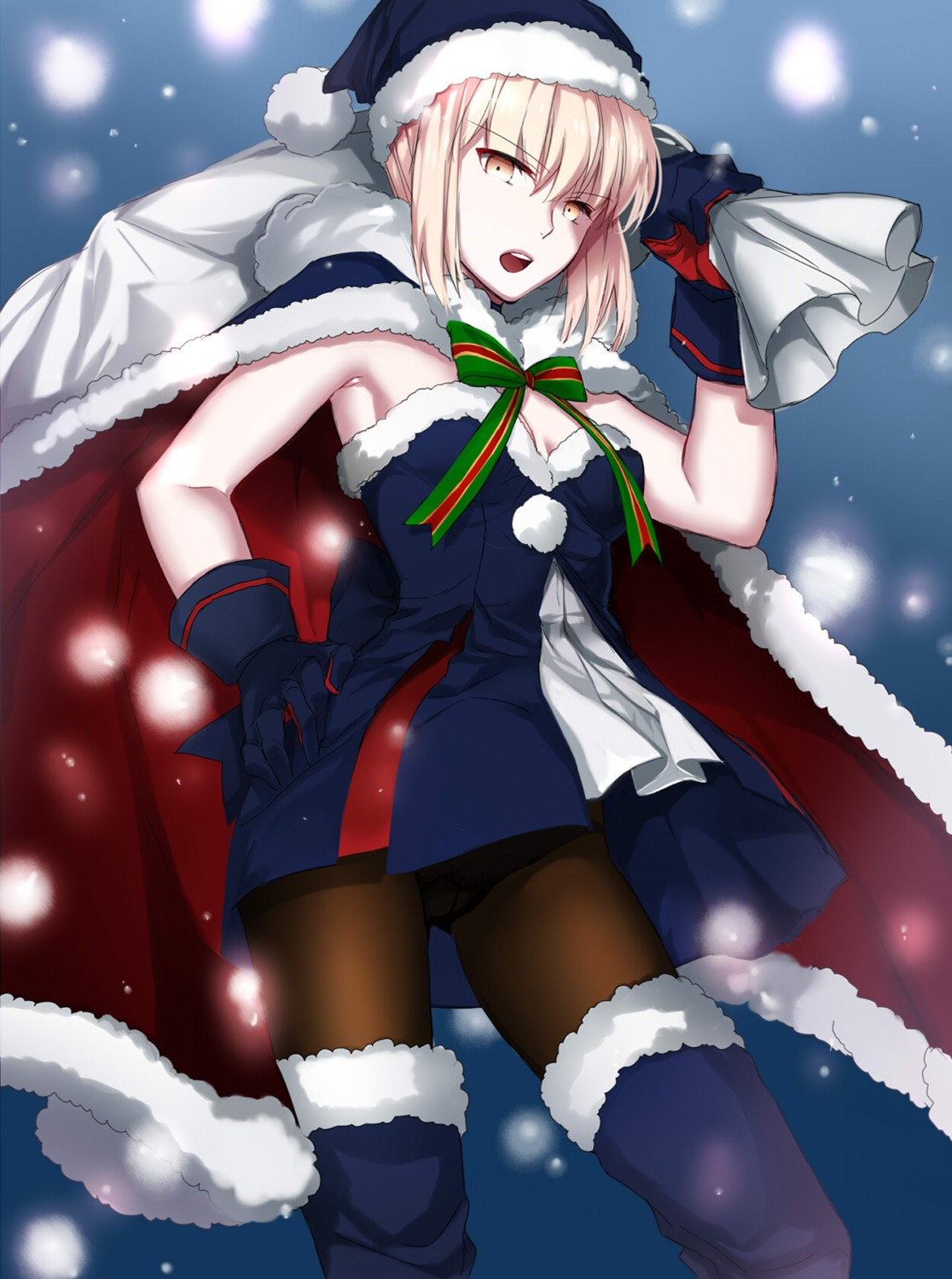 christmas cleavage dress fate/grand_order fate/stay_night pantsu pantyhose saber saber_alter thighhighs ycco_(estrella)