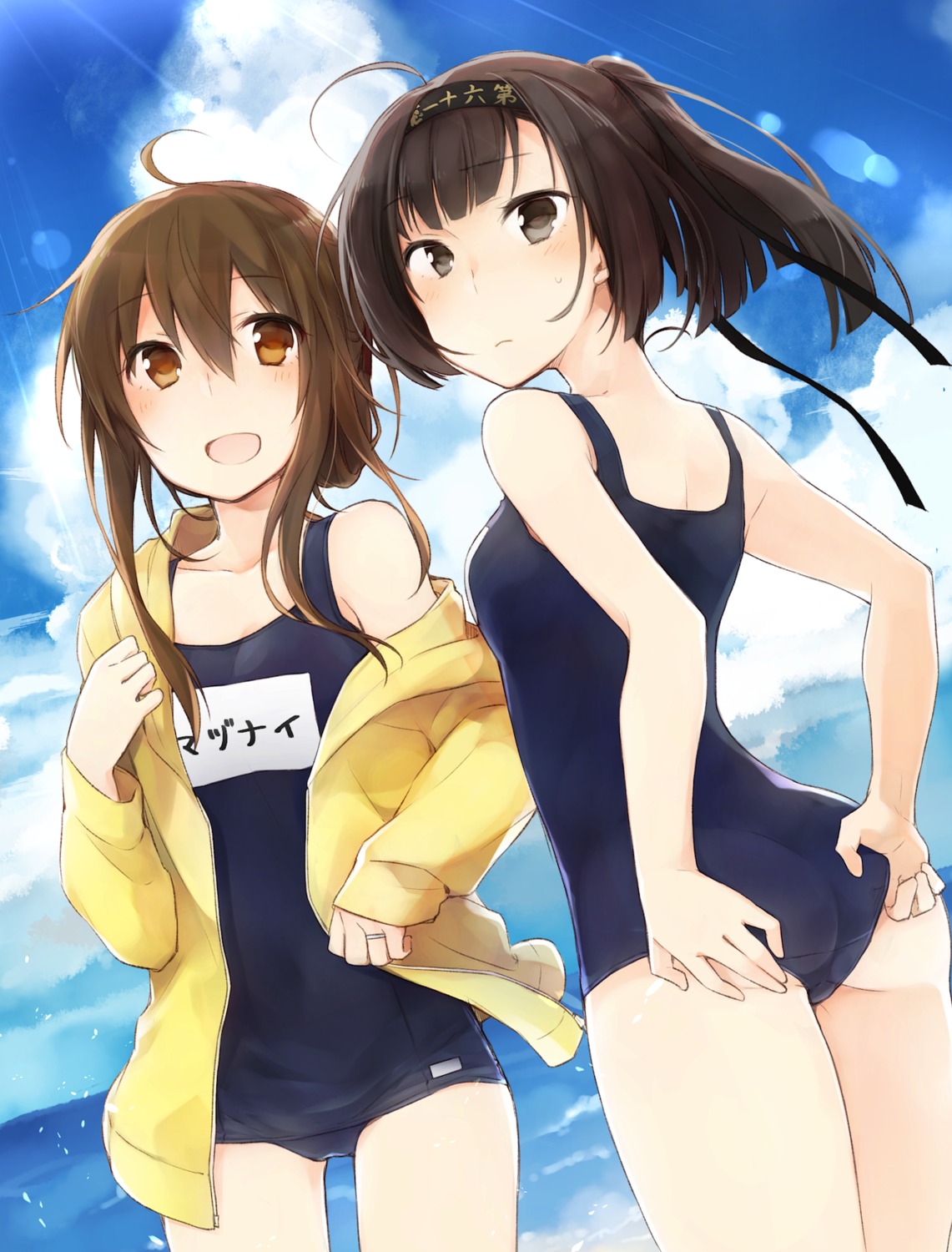 akizuki_(kancolle) ass inazuma_(kancolle) kantai_collection mikoto_kei school_swimsuit swimsuits