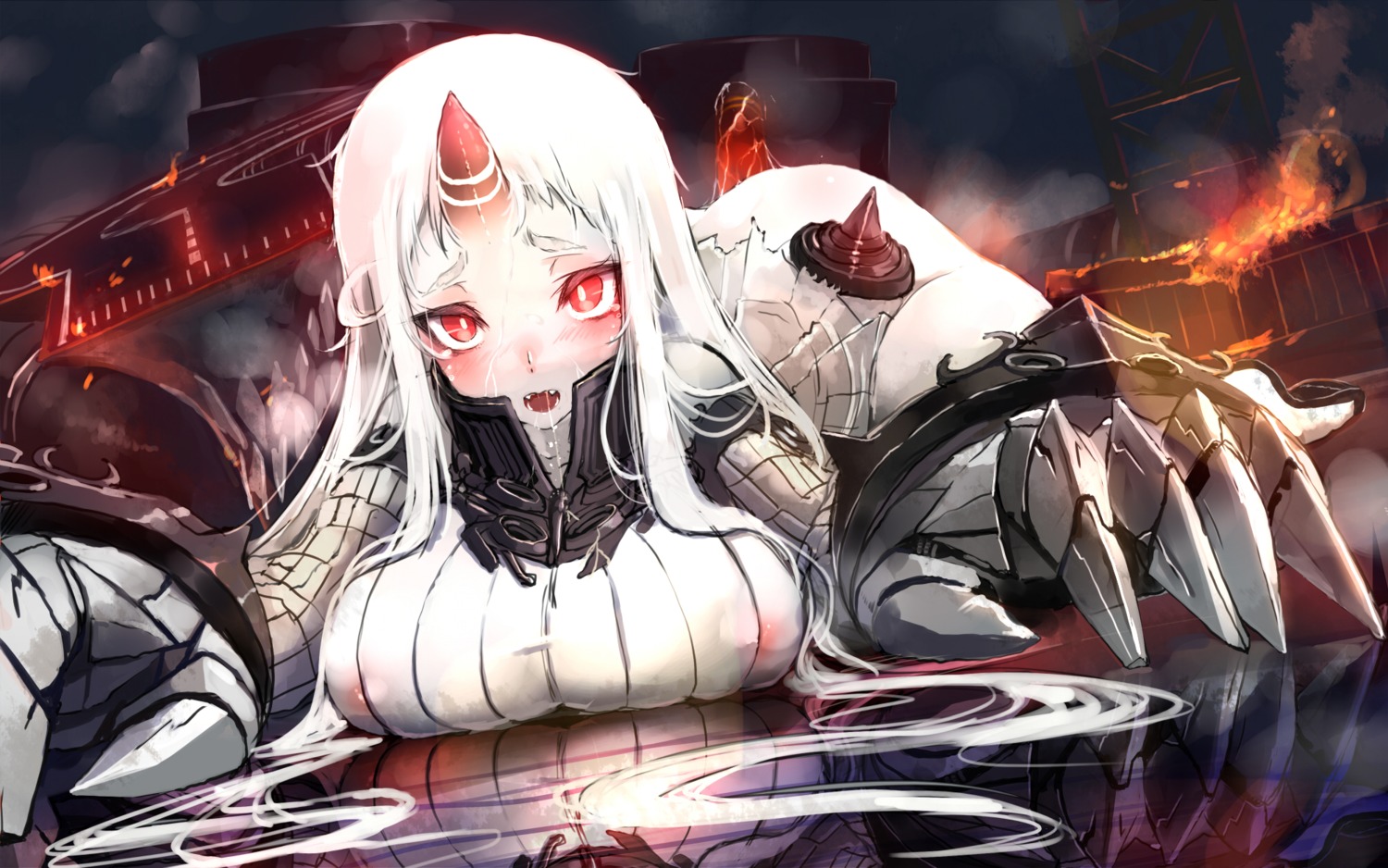 akasa_ai horns kantai_collection nipples no_bra nopan seaport_hime see_through torn_clothes