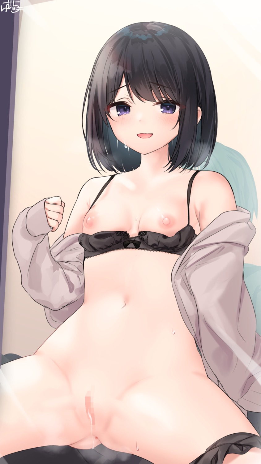 anus bottomless bra breasts censored kurokami-chan_(ramchi) nipples open_shirt pantsu panty_pull pussy pussy_juice ramchi