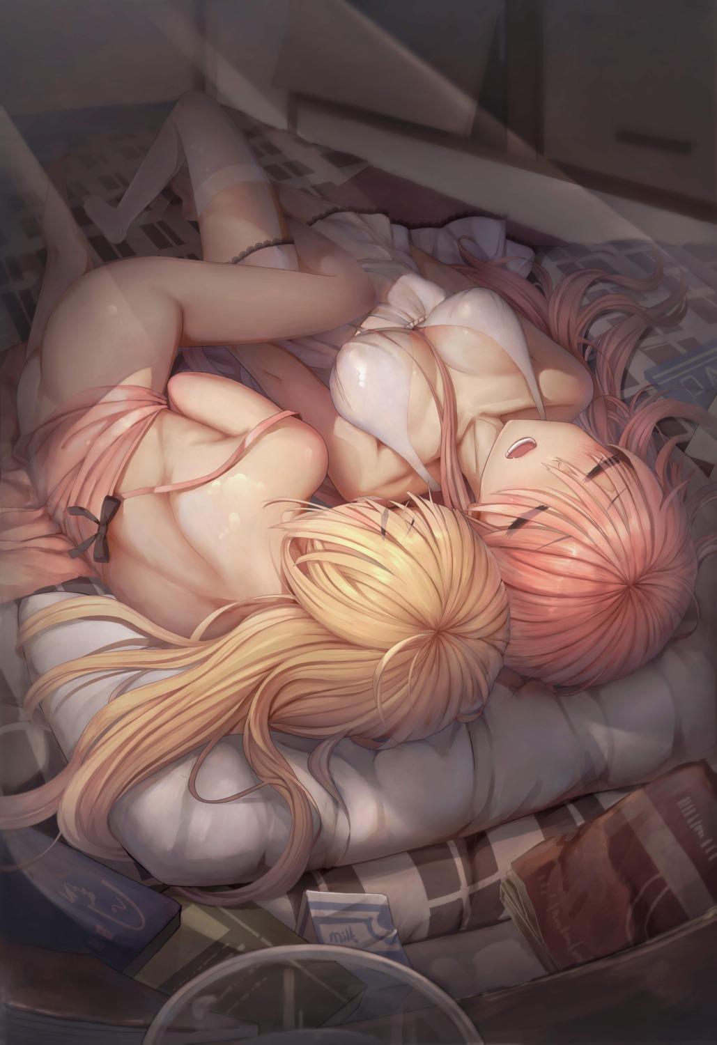 ass bkyuuc cleavage lingerie no_bra nopan see_through skirt_lift thighhighs yuri