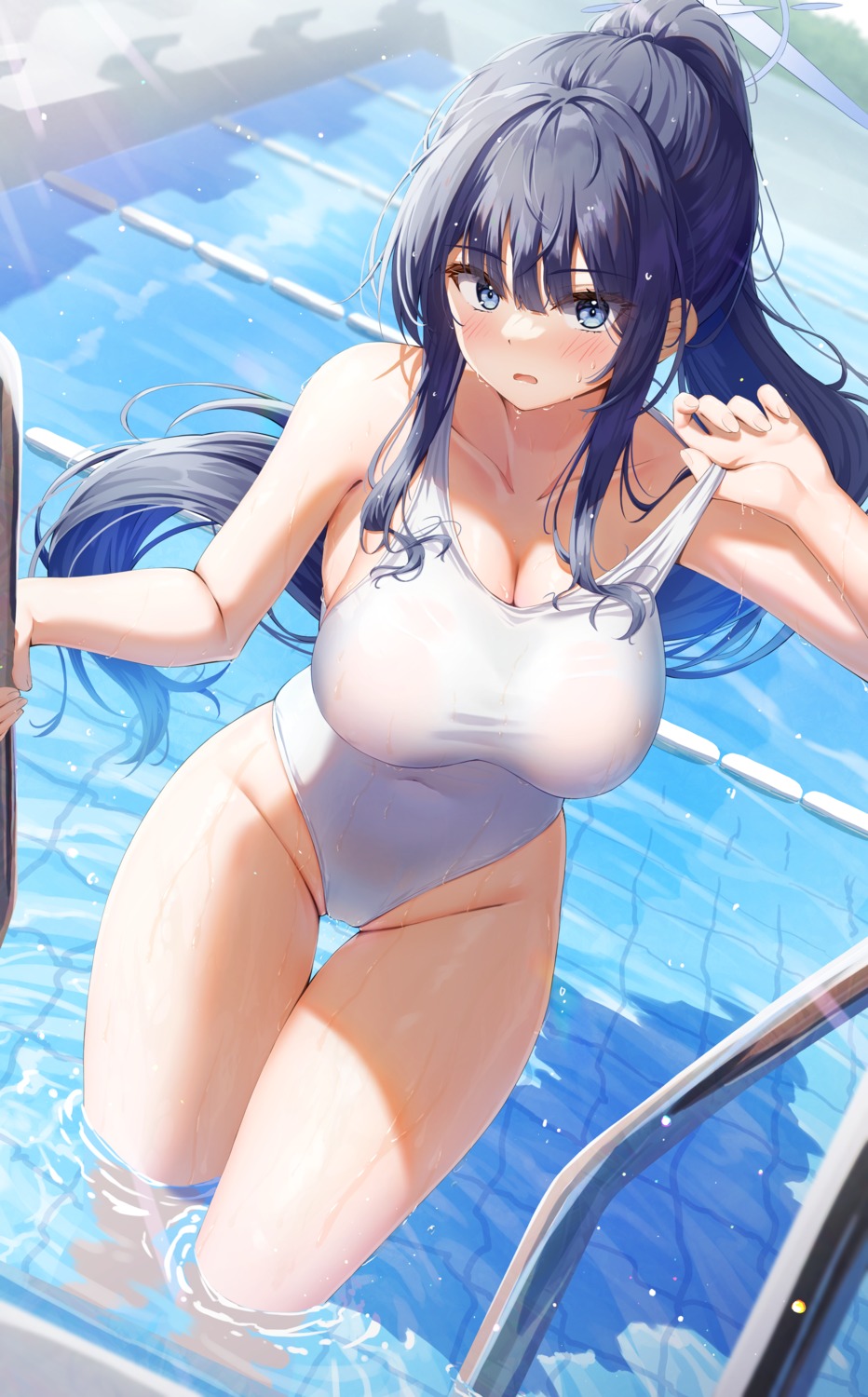 blue_archive joumae_saori kuria_(clear_trip_second) see_through swimsuits undressing wet wet_clothes