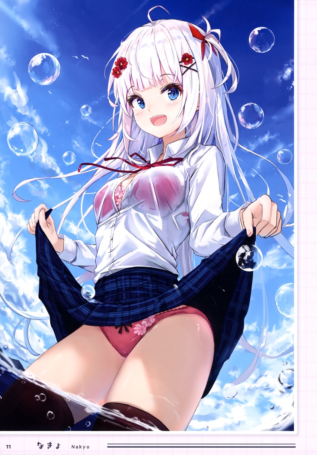 bra na_kyo pantsu see_through seifuku skirt_lift thighhighs wet wet_clothes