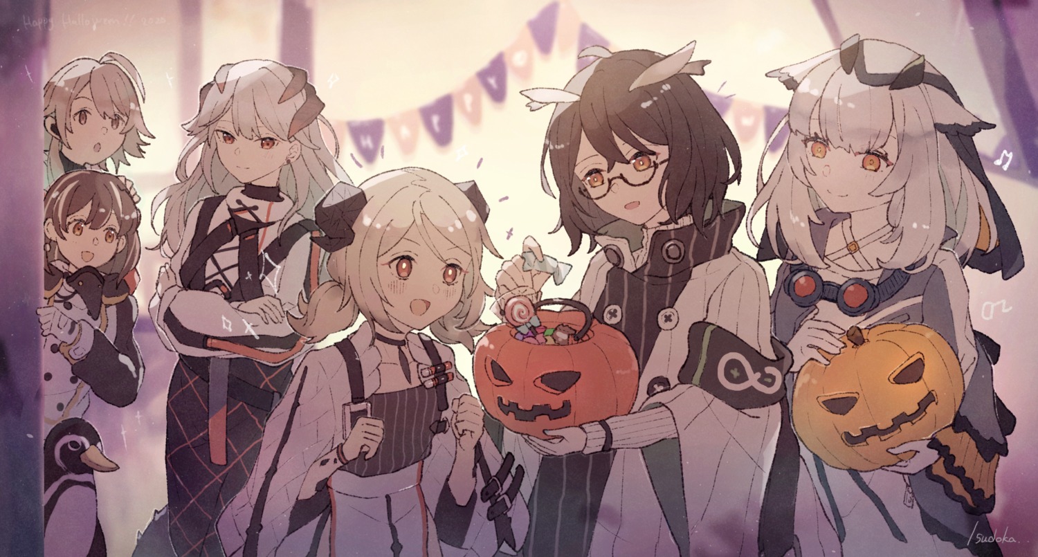 arknights halloween horns ifrit_(arknights) magallan_(arknights) mayer_(arknights) megane penguin ptilopsis_(arknights) saria_(arknights) silent_(arknights) sudoka