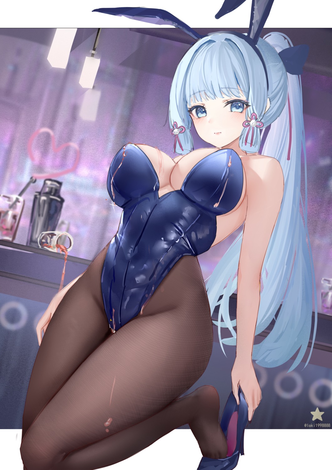 animal_ears bunny_ears bunny_girl cleavage genshin_impact heels kamisato_ayaka pantyhose wenbugu