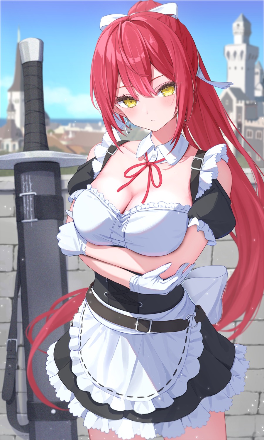 breast_hold cleavage maid no_bra norio_(noriosub) sword
