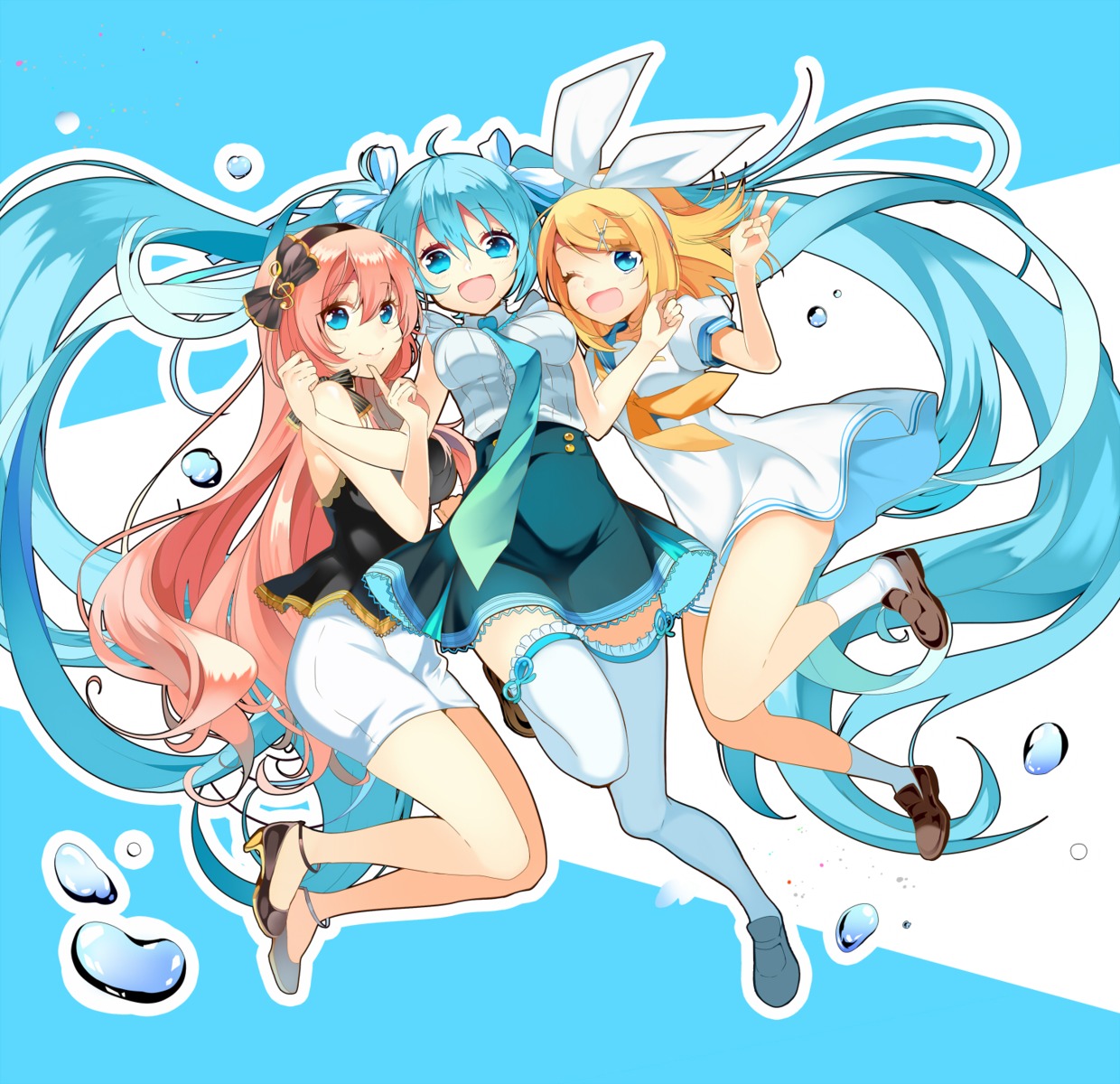 hatsune_miku heels kagamine_rin megurine_luka seifuku temari_(artist) thighhighs vocaloid