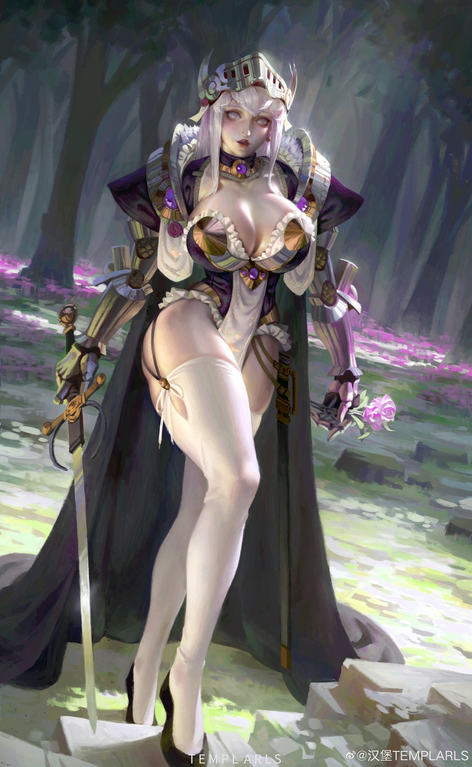 armor cleavage no_bra stockings sword templarls thighhighs watermark