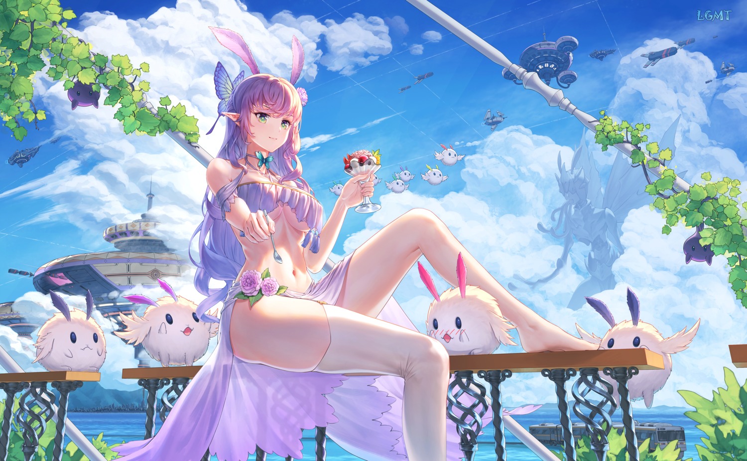 animal_ears bunny_ears lgmt no_bra pointy_ears see_through skirt_lift stockings thighhighs