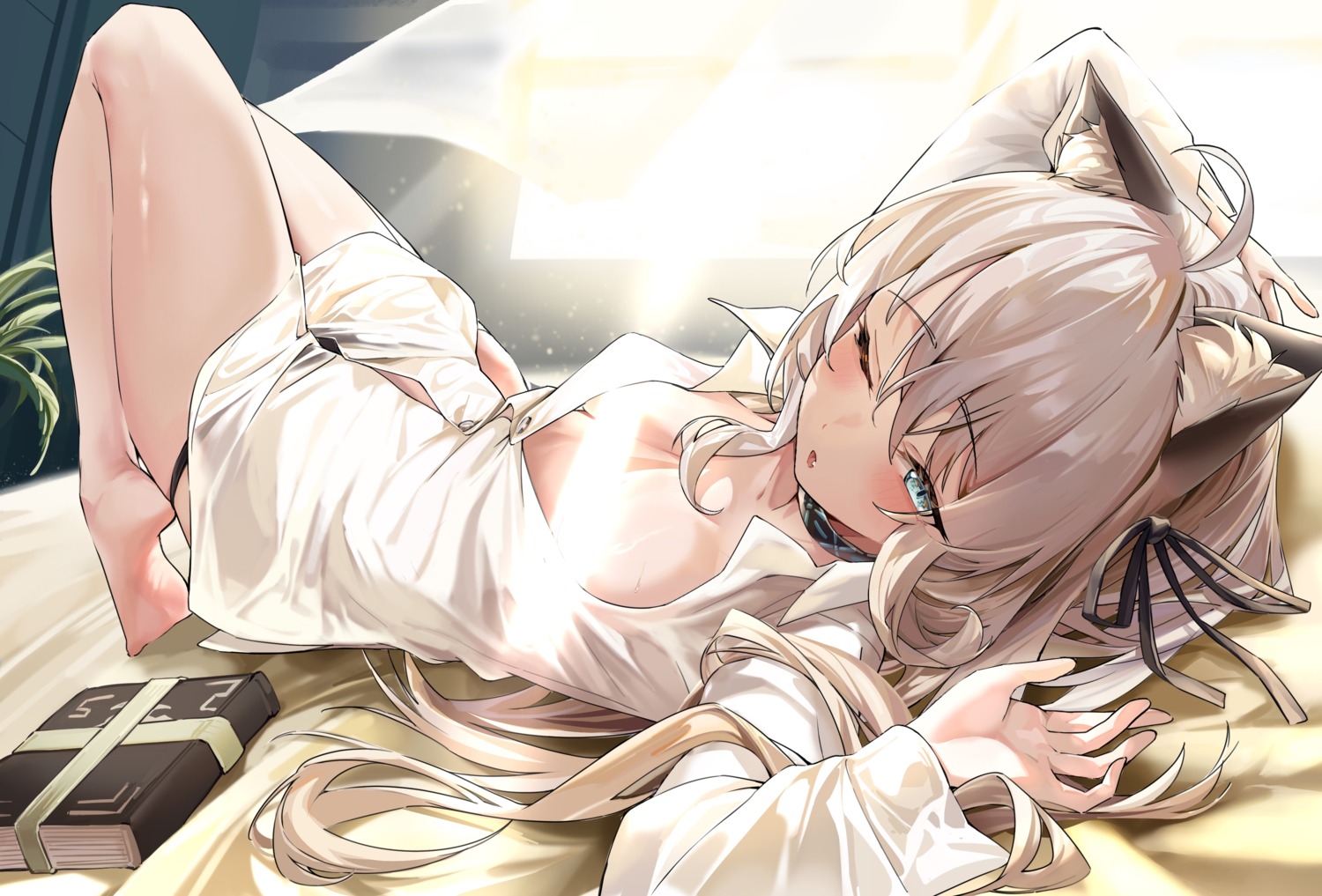 animal_ears arknights censored dress_shirt loli mint_(arknights) mr.zhuo no_bra open_shirt pantsu panty_pull see_through