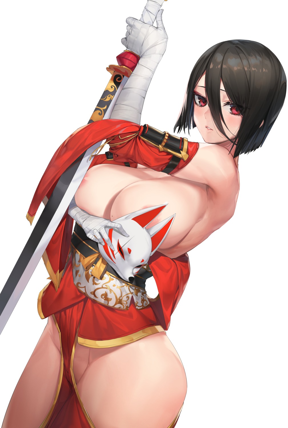 areola bandages breast_hold breasts jam_(nandade) japanese_clothes kunoichi_kaen_(last_origin) last_origin no_bra nopan sword