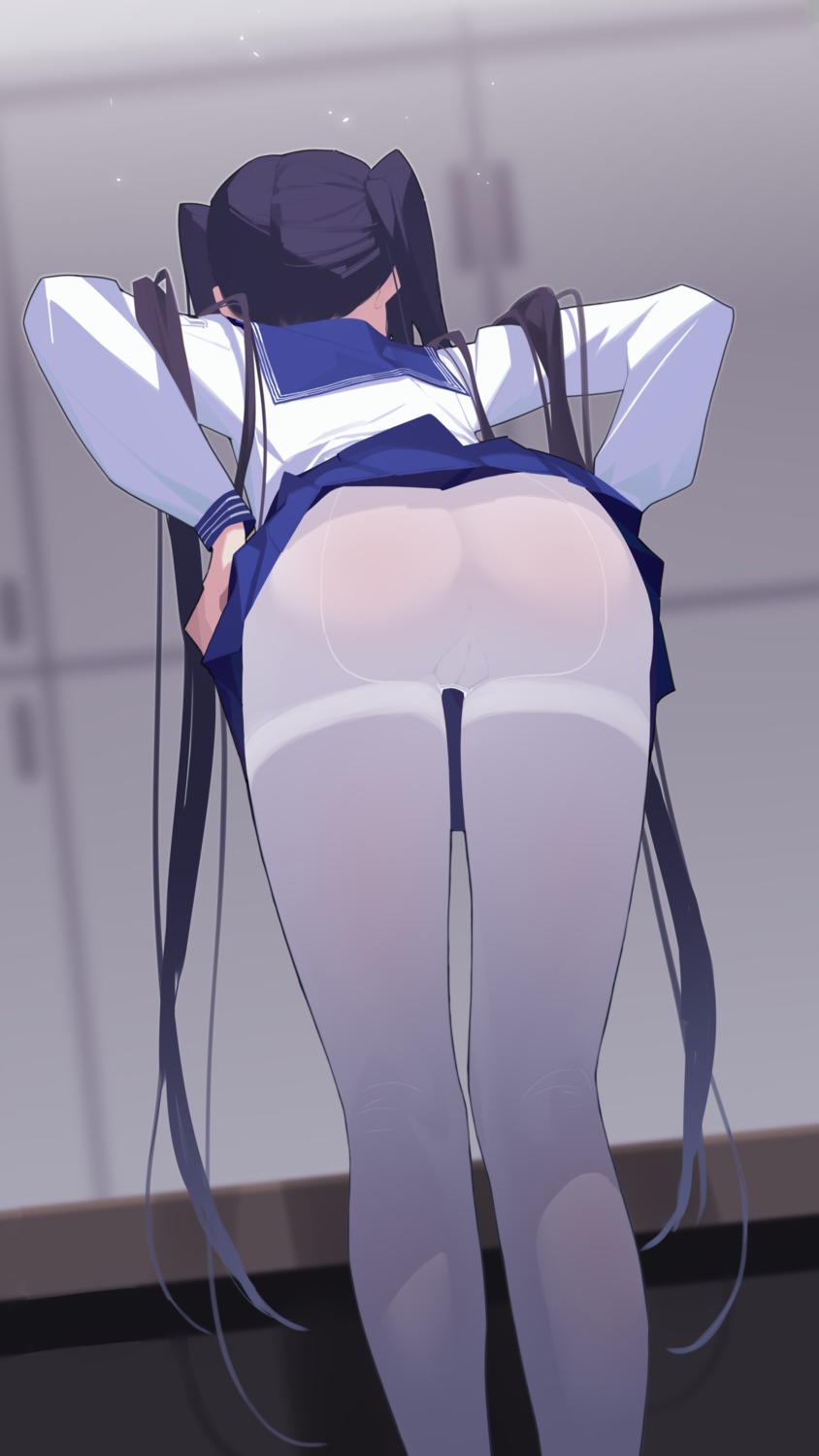 ass genshin_impact mona_megistus nopan pantyhose pussy qianhui see_through seifuku skirt_lift