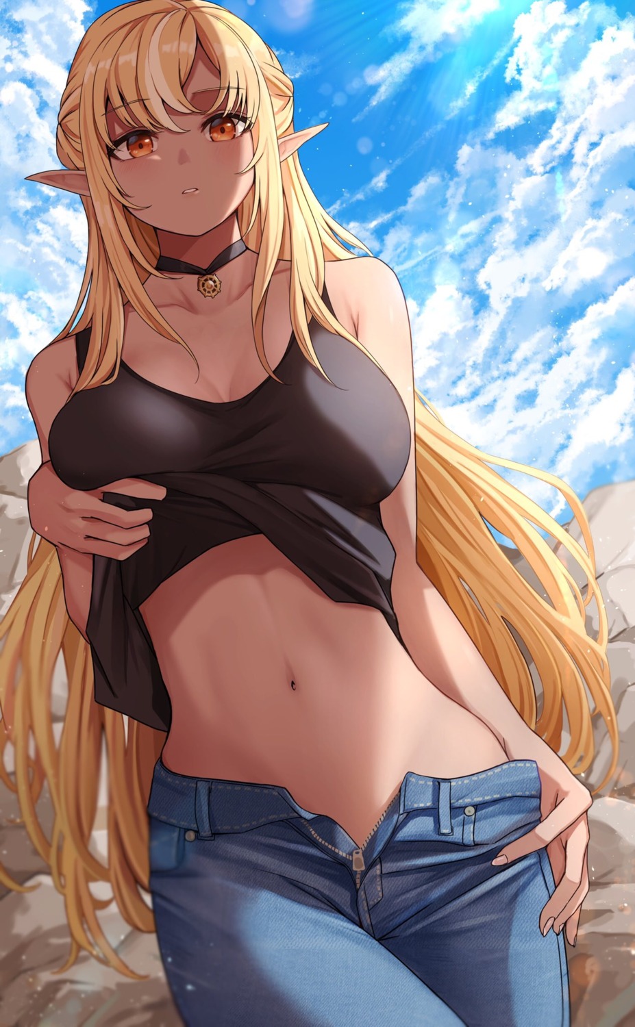 breast_hold cleavage dodon_gadon elf hololive pointy_ears shiranui_flare shirt_lift undressing