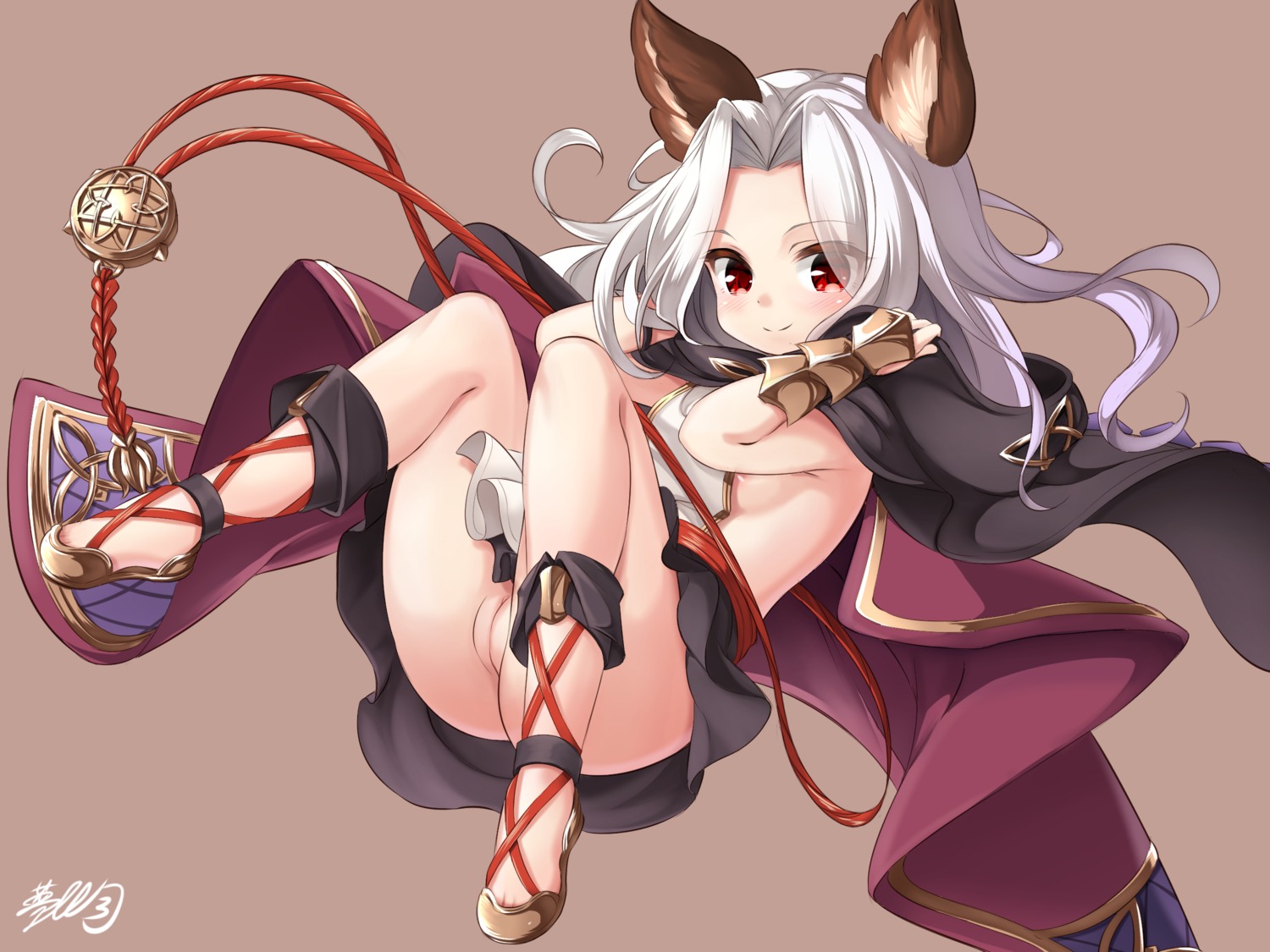 animal_ears areola armor granblue_fantasy loli musouzuki no_bra nopan pussy scathacha_(granblue_fantasy) skirt_lift uncensored