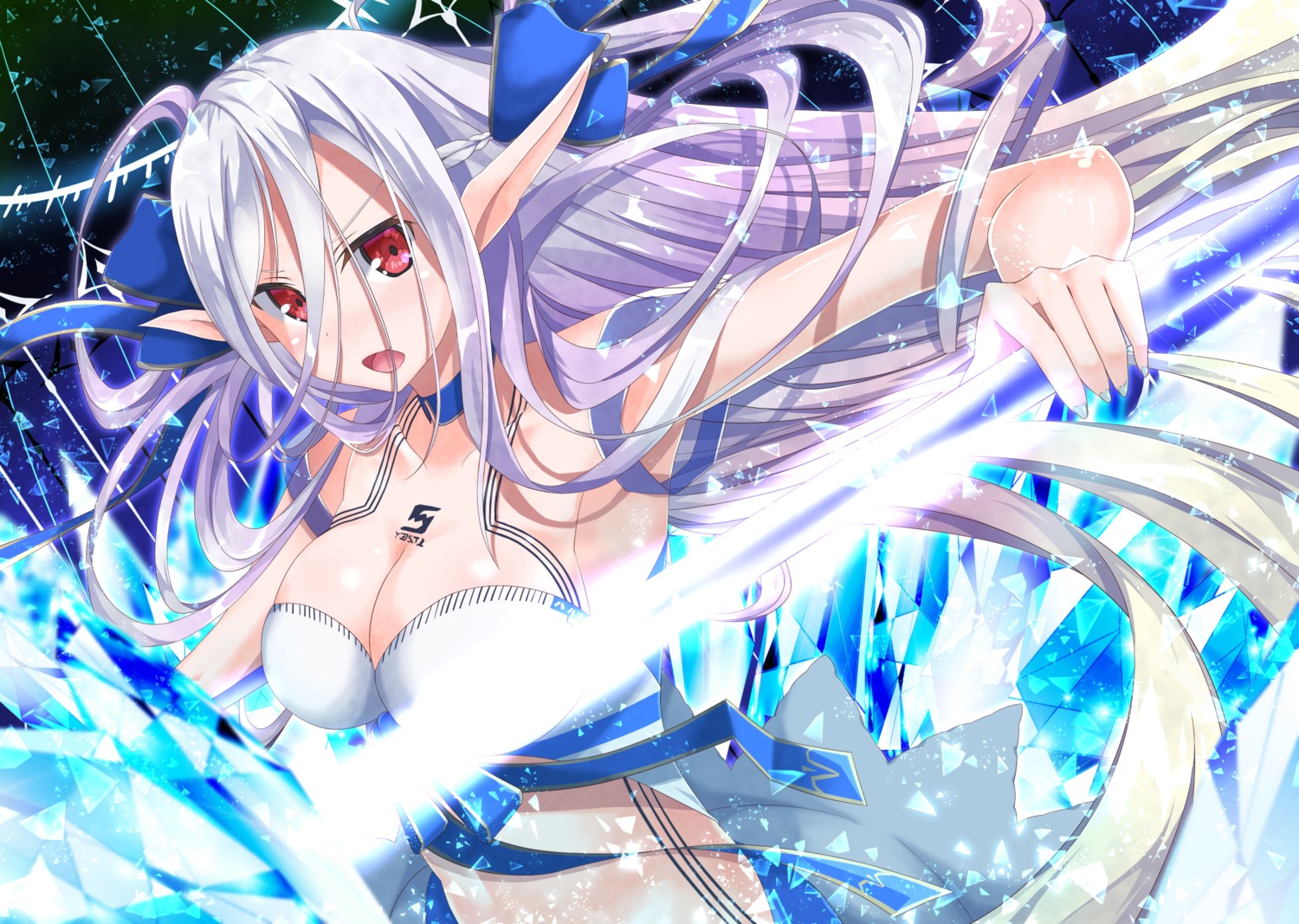 cleavage kuria_(clear_trip_second) ortrinde=nblg=valkyria pointy_ears sound_voltex tattoo weapon