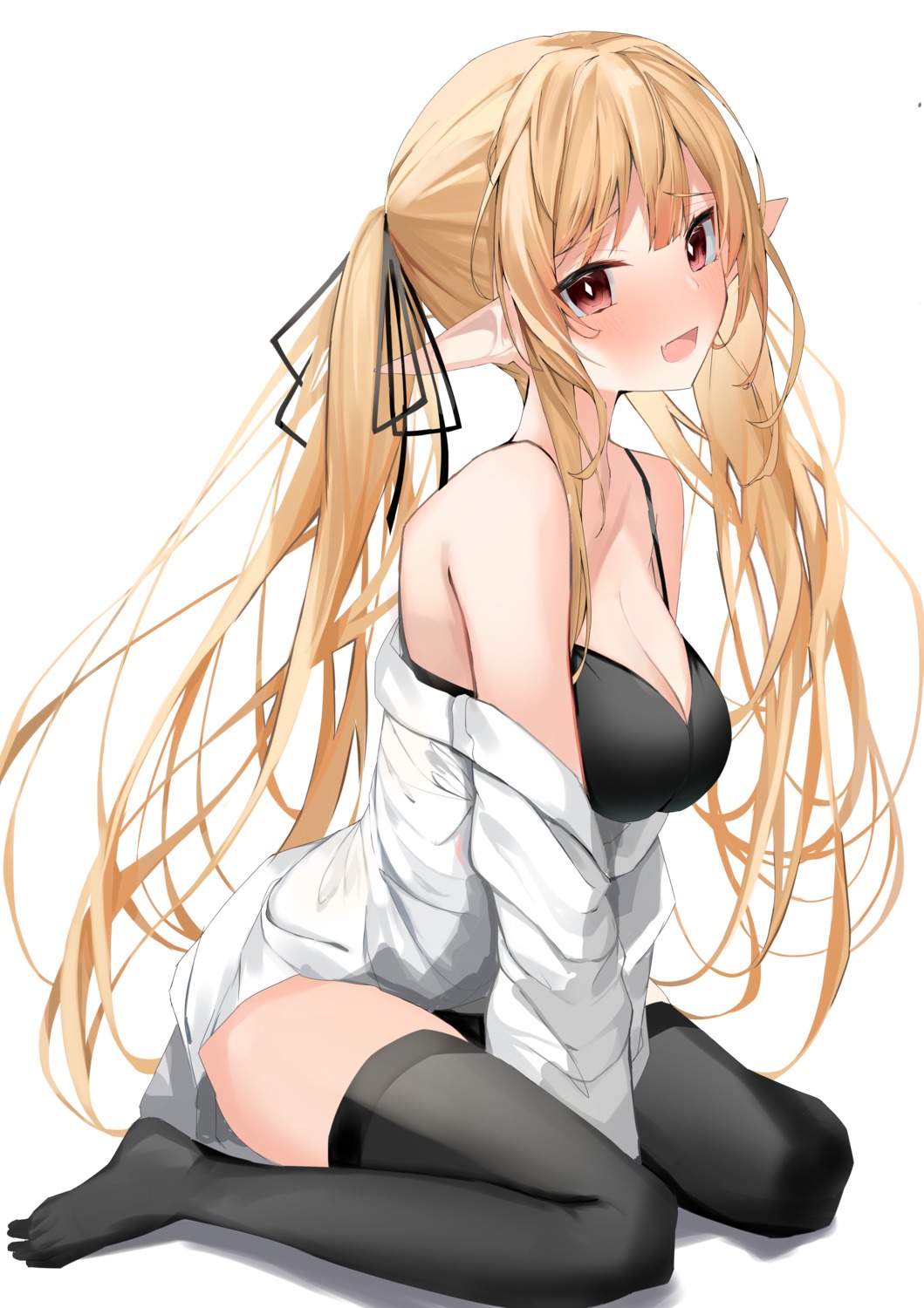 bra nephthys2356 open_shirt pointy_ears thighhighs