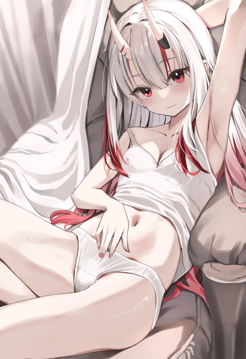 erect_nipples hololive horns kall_(wv0102) loli nakiri_ayame no_bra pantsu