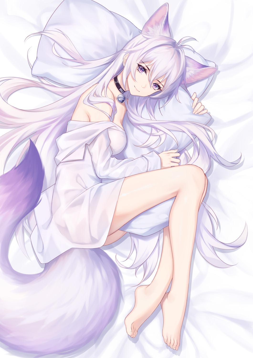 animal_ears artist_revision bottomless dress_shirt kirby_d_a kitsune no_bra open_shirt see_through tail