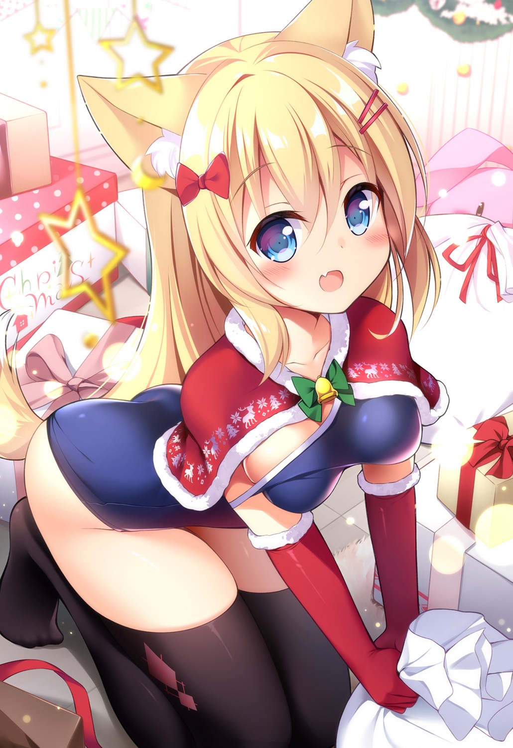 animal_ears christmas hatsuhi nekomimi school_swimsuit swimsuits tail thighhighs wardrobe_malfunction