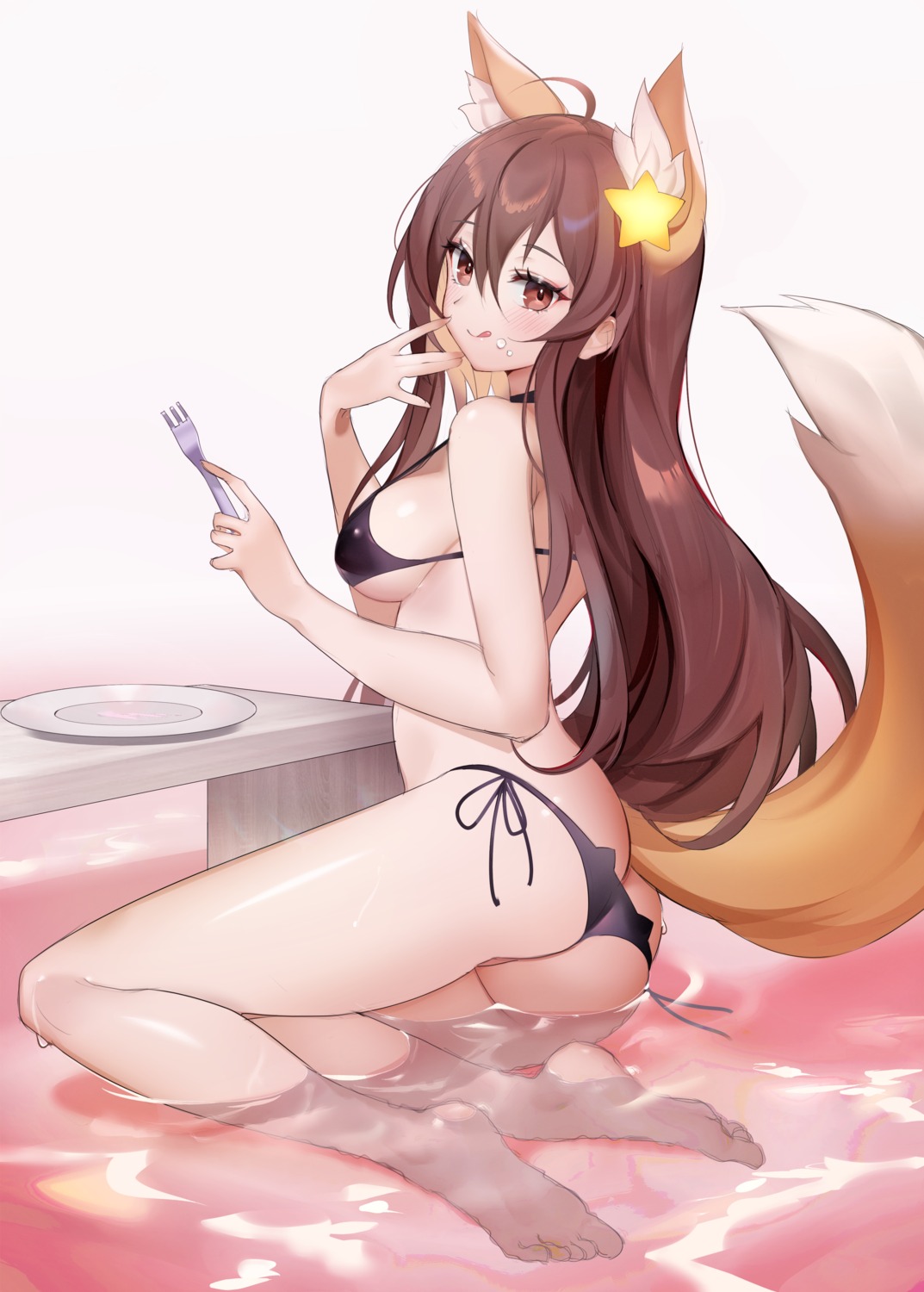 animal_ears ass bikini feet kitsune panty_pull swimsuits tail thong wet yoru_(yowuyoru)