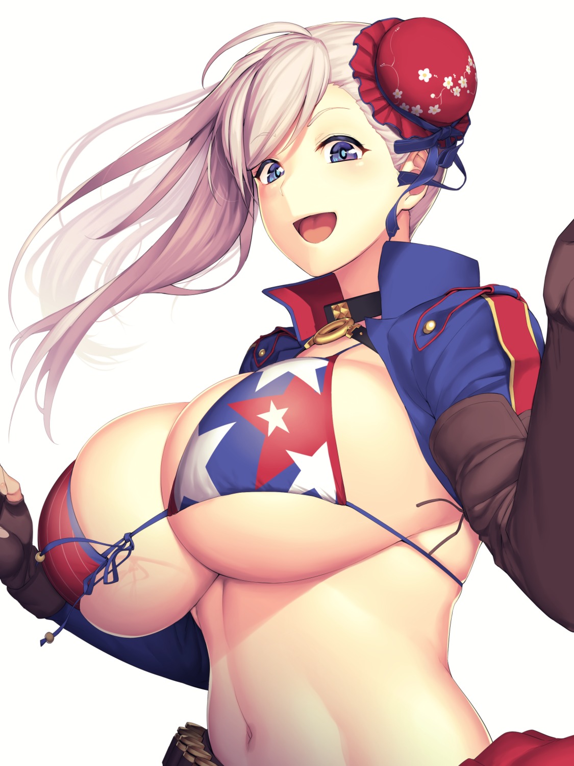 bikini_top fate/grand_order hakai_shin miyamoto_musashi_(fate/grand_order) open_shirt swimsuits underboob