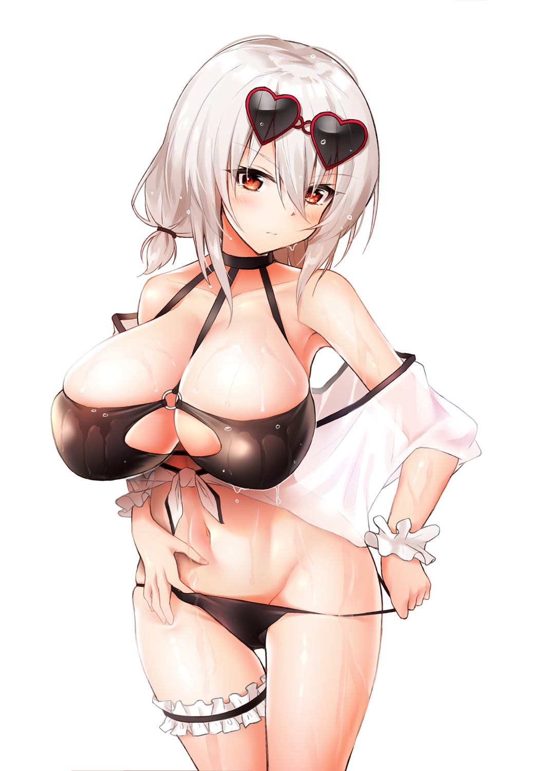 azur_lane bikini garter macchiato_(jae-min_cho) megane open_shirt panty_pull see_through sirius_(azur_lane) swimsuits undressing wet wet_clothes