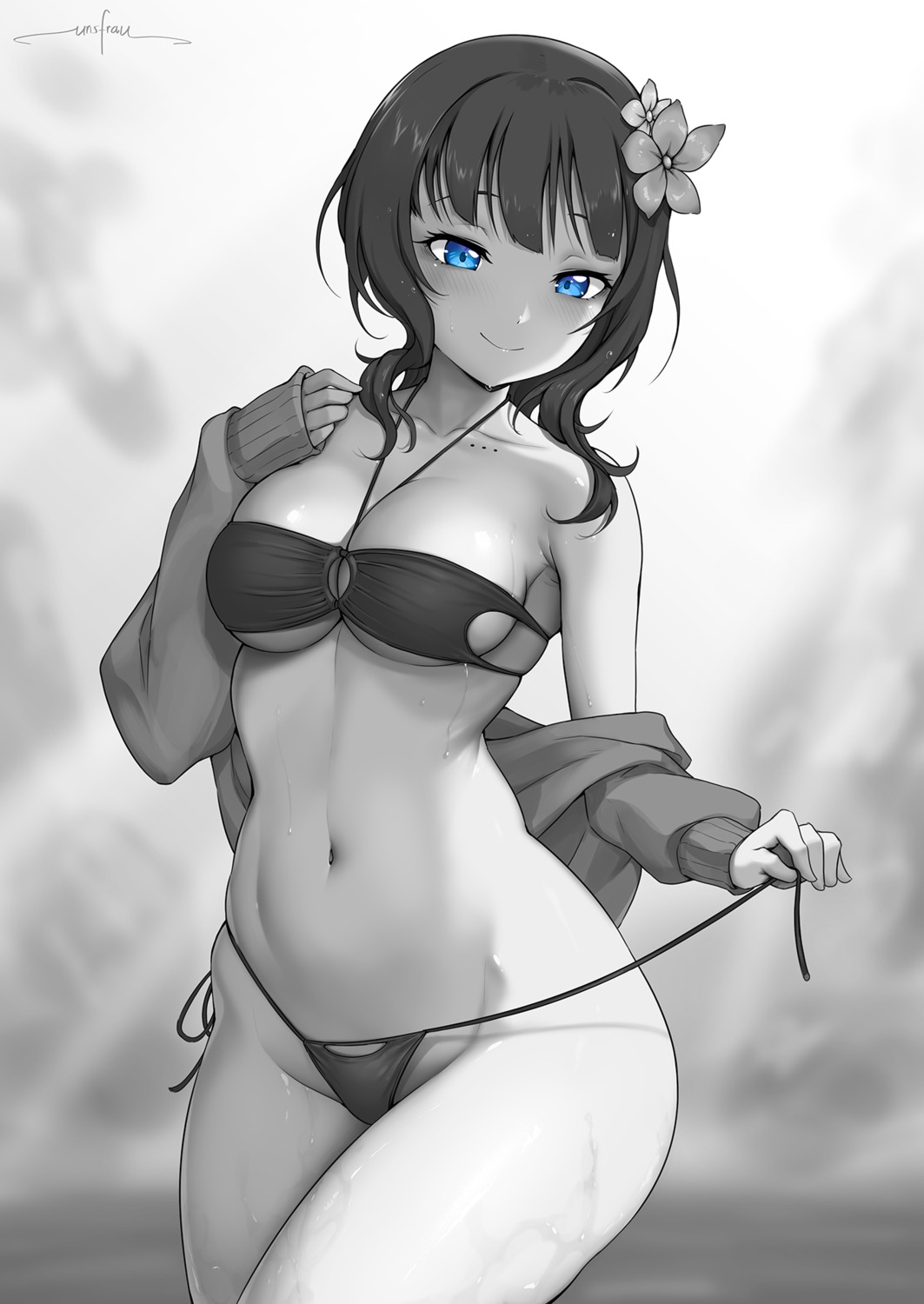 asaka_karin bikini love_live!_nijigasaki_high_school_idol_club monochrome open_shirt panty_pull swimsuits undressing unsfrau