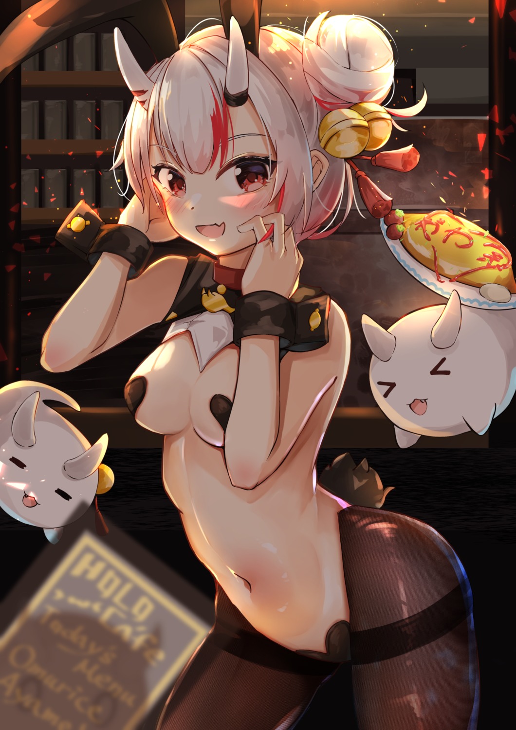 animal_ears breasts bunny_ears bunny_girl hololive horns maebari minertime nakiri_ayame no_bra nopan pantyhose pasties tail