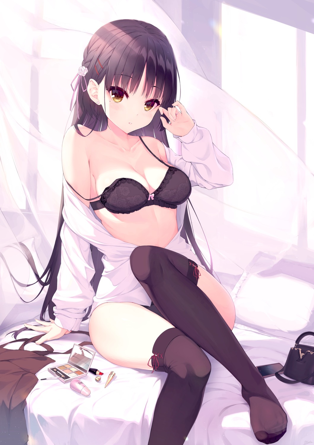 bra cafe_stella_to_shinigami_no_chou haku89 open_shirt pantsu shiki_natsume thighhighs