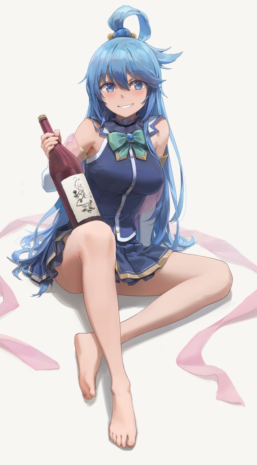 aqua_(konosuba) feet free_style_(yohan1754) kono_subarashii_sekai_ni_shukufuku_wo! sake skirt_lift