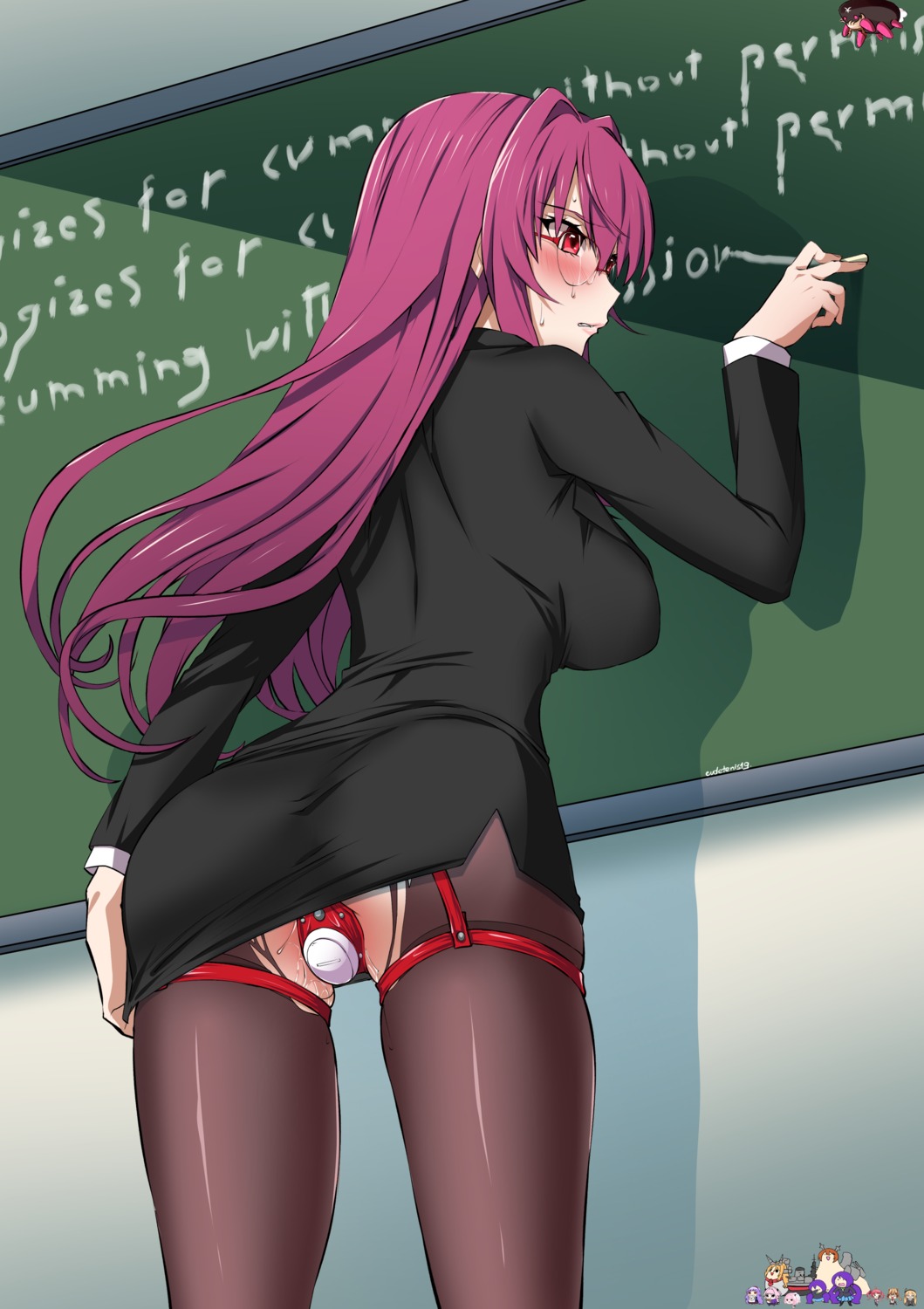 ass business_suit eudetenis fate/grand_order megane pantsu pantyhose pussy_juice scathach_(fate/grand_order) skirt_lift torn_clothes vibrator