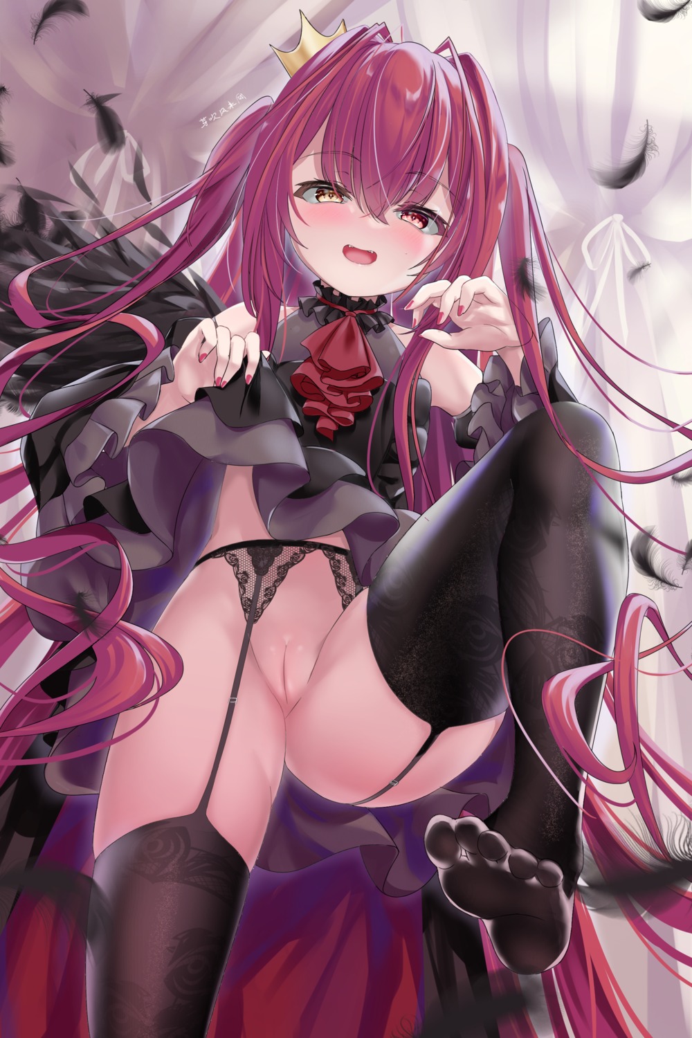 feet garter_belt loli nopan pixiv12660671 pussy see_through skirt_lift stockings thighhighs uncensored wings