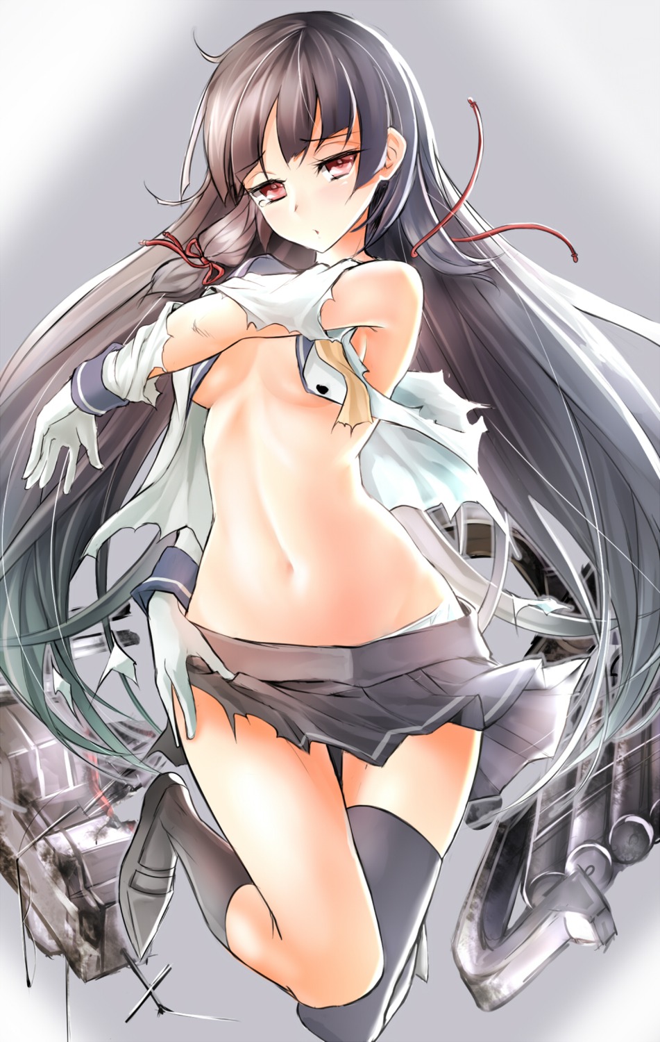 hinoura111 isokaze_(kancolle) kantai_collection no_bra pantsu thighhighs torn_clothes underboob