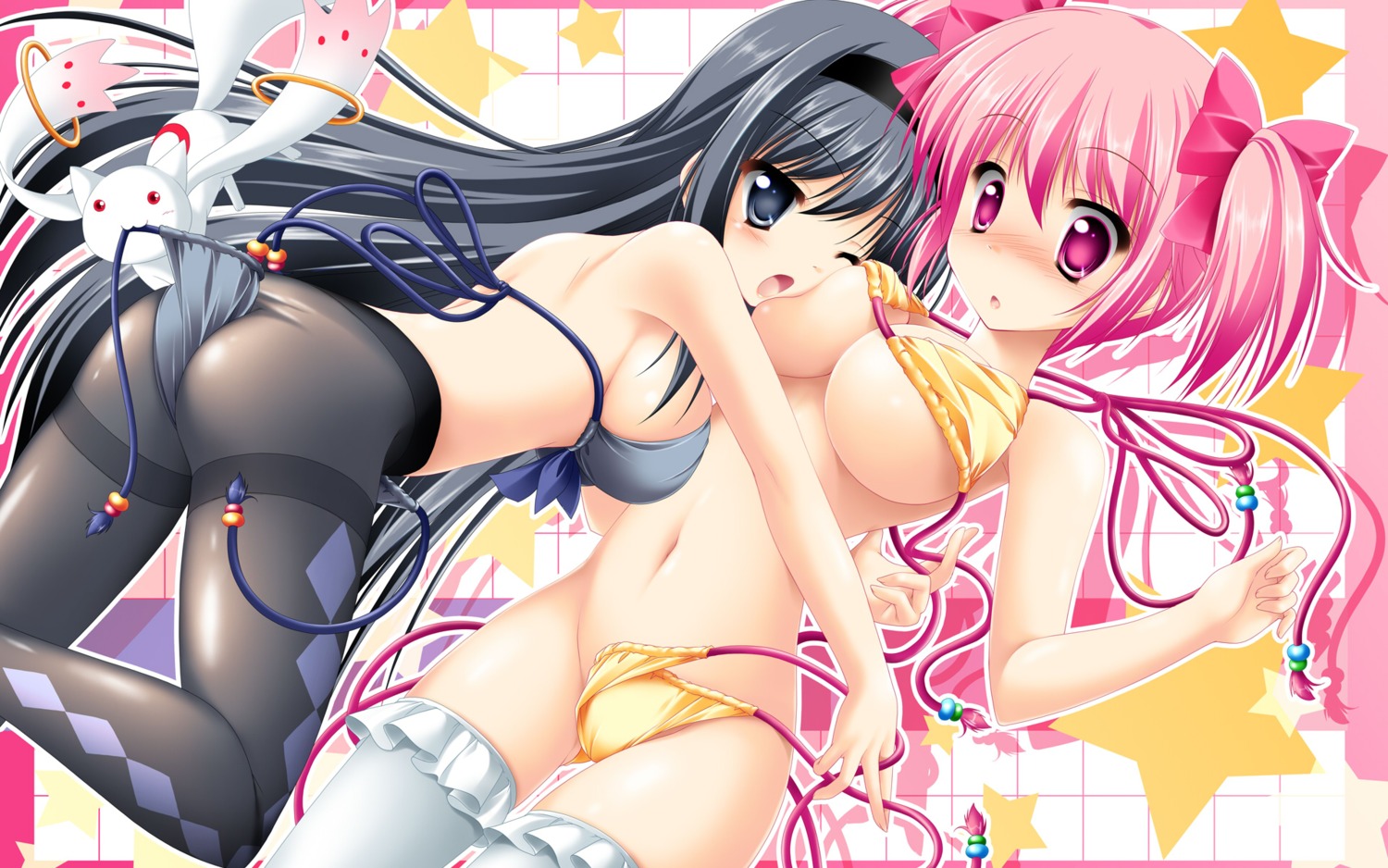 akemi_homura ass bikini cameltoe kamiya_tomoe kaname_madoka kyubey pantyhose puella_magi_madoka_magica swimsuits thighhighs underboob wallpaper wardrobe_malfunction