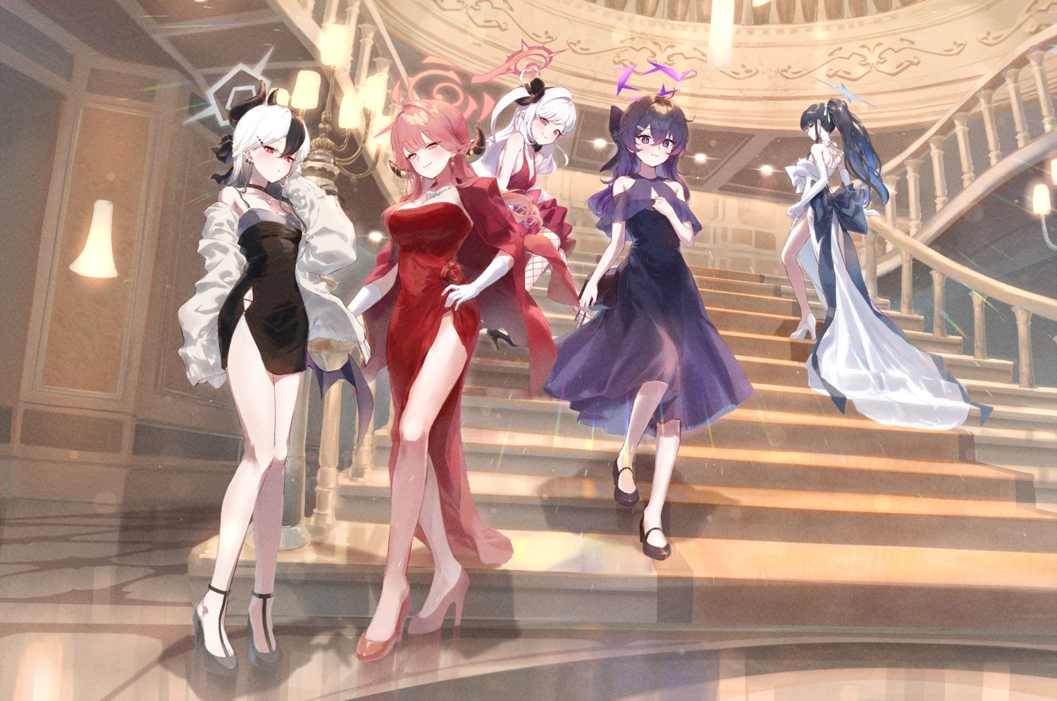 asagi_mutsuki blue_archive dentaku_music devil dress fishnets halo heels horns igusa_haruka joumae_saori no_bra onikata_kayoko pantyhose pointy_ears rikuhachima_aru see_through sweater wings