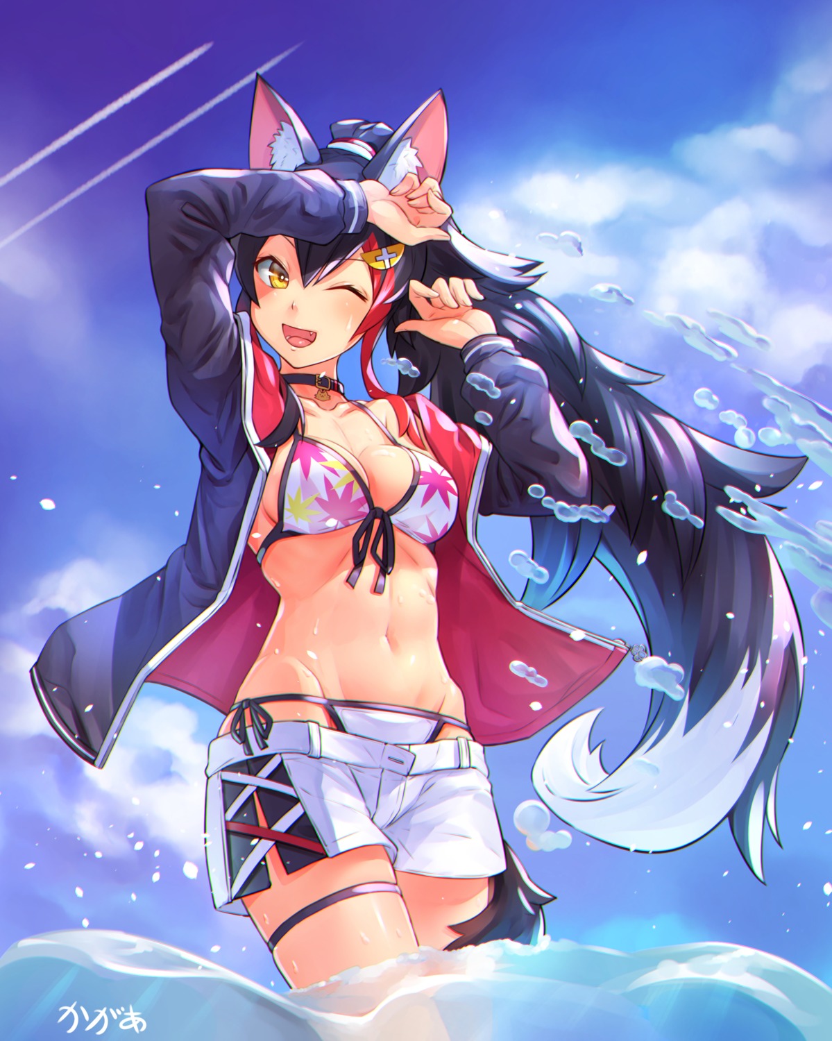 animal_ears arpeggio_kaga bikini cleavage garter hololive hololive_gamers ookami_mio open_shirt swimsuits wet