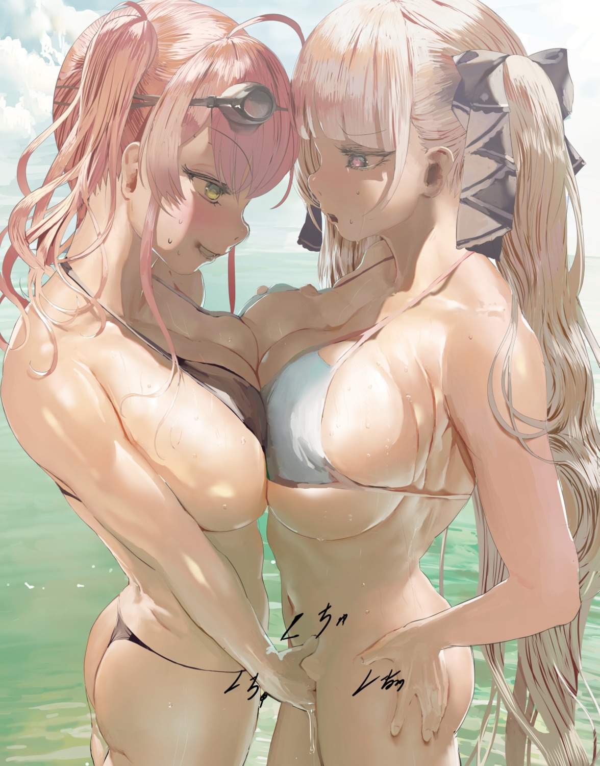 ass azur_lane bikini bikini_top bottomless breast_grab fingering formidable_(azur_lane) masak_(masaki4545) pussy_juice swimsuits symmetrical_docking thong wet yuri zara_(azur_lane)