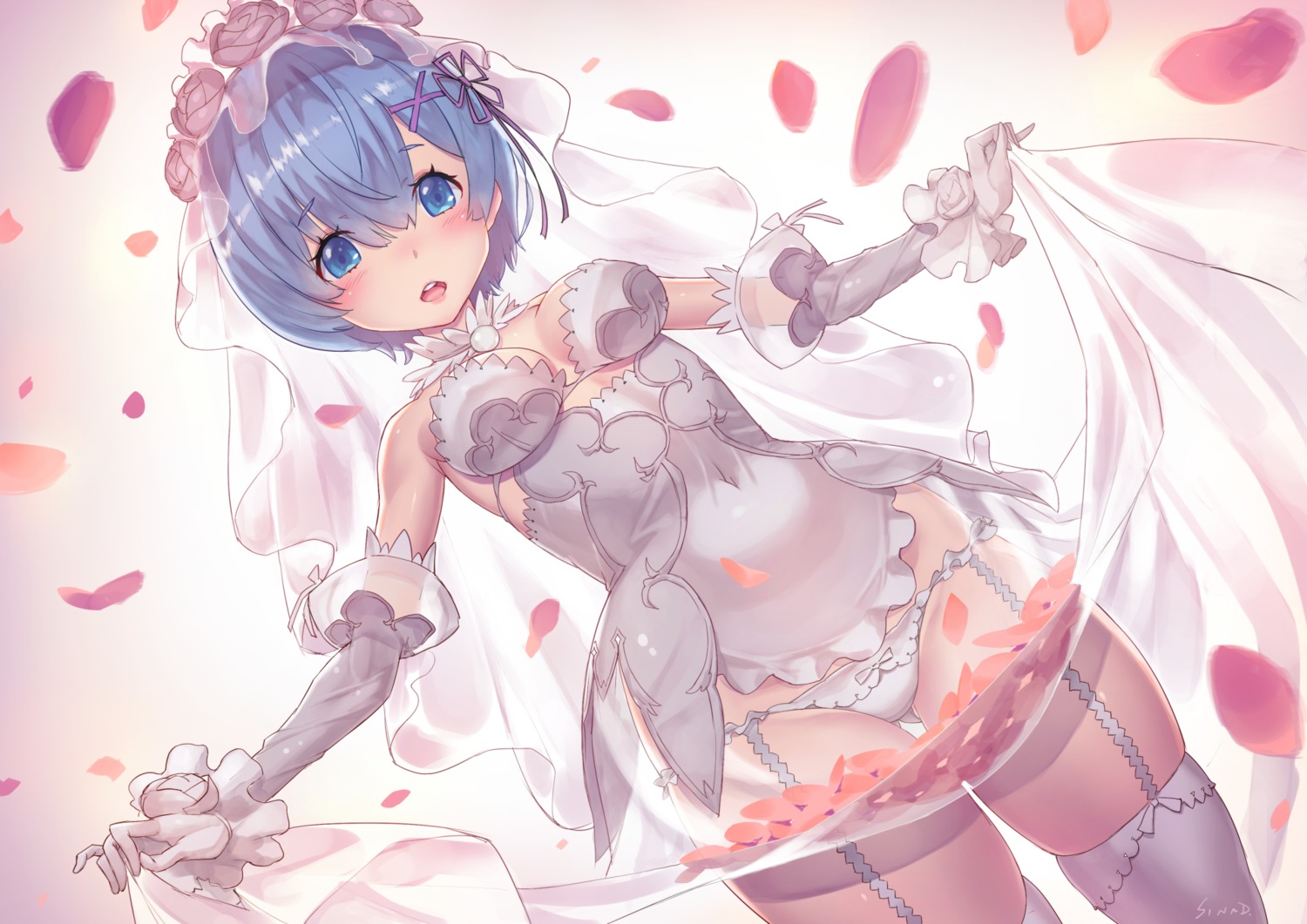 cleavage dress pantsu re_zero_kara_hajimeru_isekai_seikatsu rem_(re_zero) see_through sinad skirt_lift stockings thighhighs wedding_dress