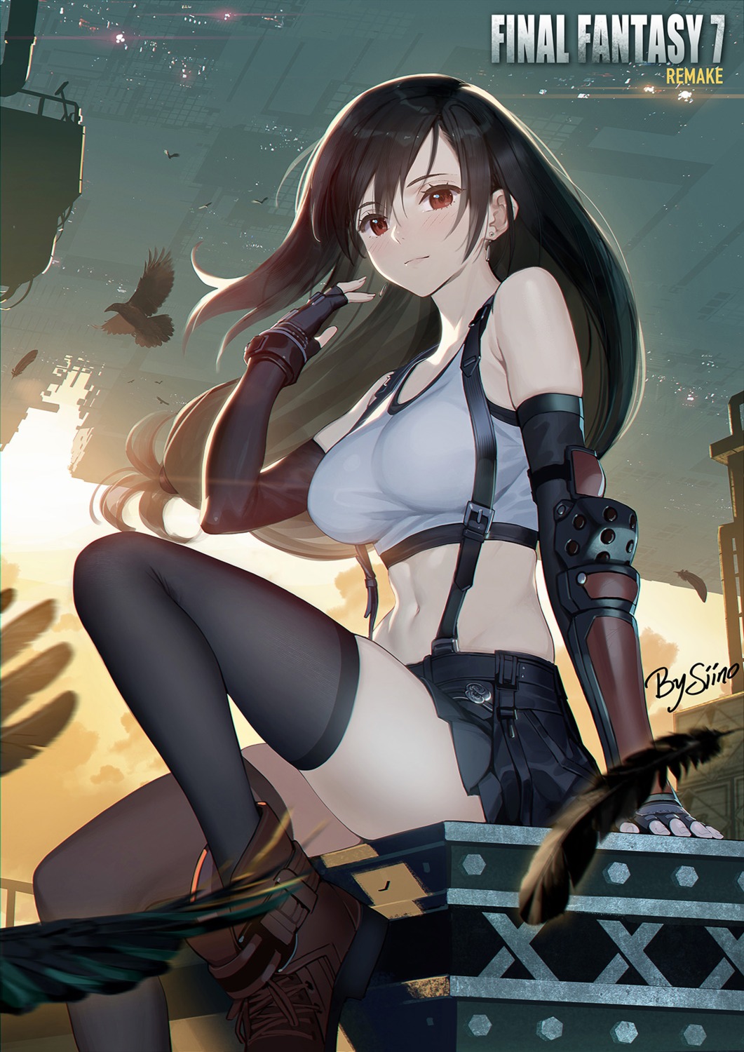 armor artist_revision final_fantasy final_fantasy_vii siino skirt_lift thighhighs tifa_lockhart