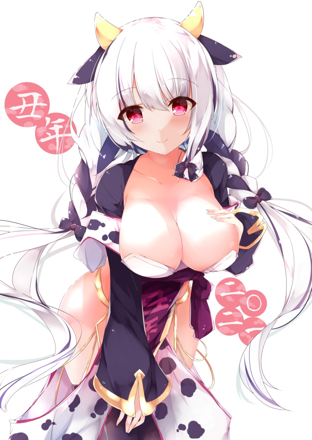 animal_ears fuuna horns no_bra thighhighs