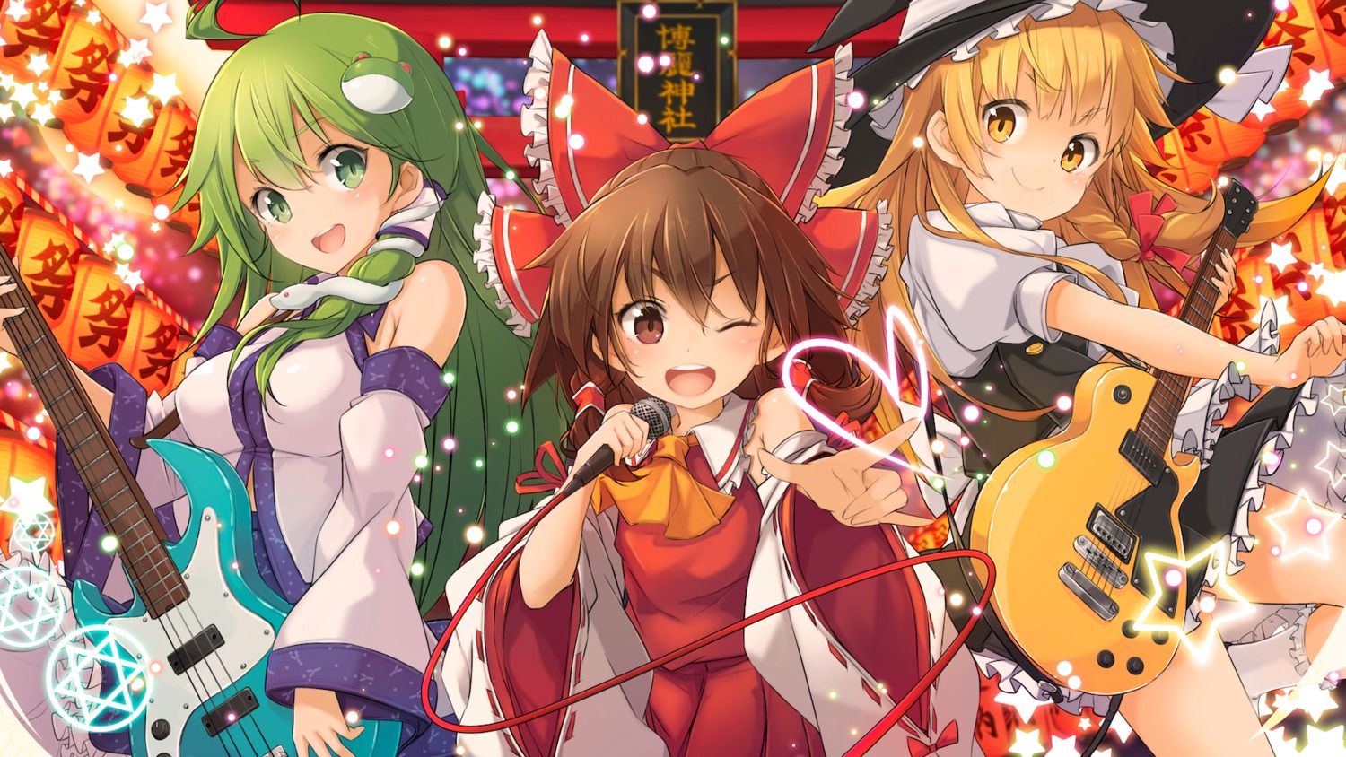 guitar hakurei_reimu kirisame_marisa kochiya_sanae maru-pen miko touhou witch