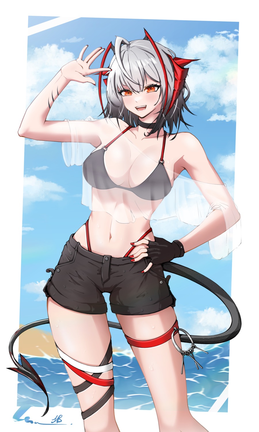 arknights bikini garter horns juicybons see_through swimsuits tail w_(arknights)