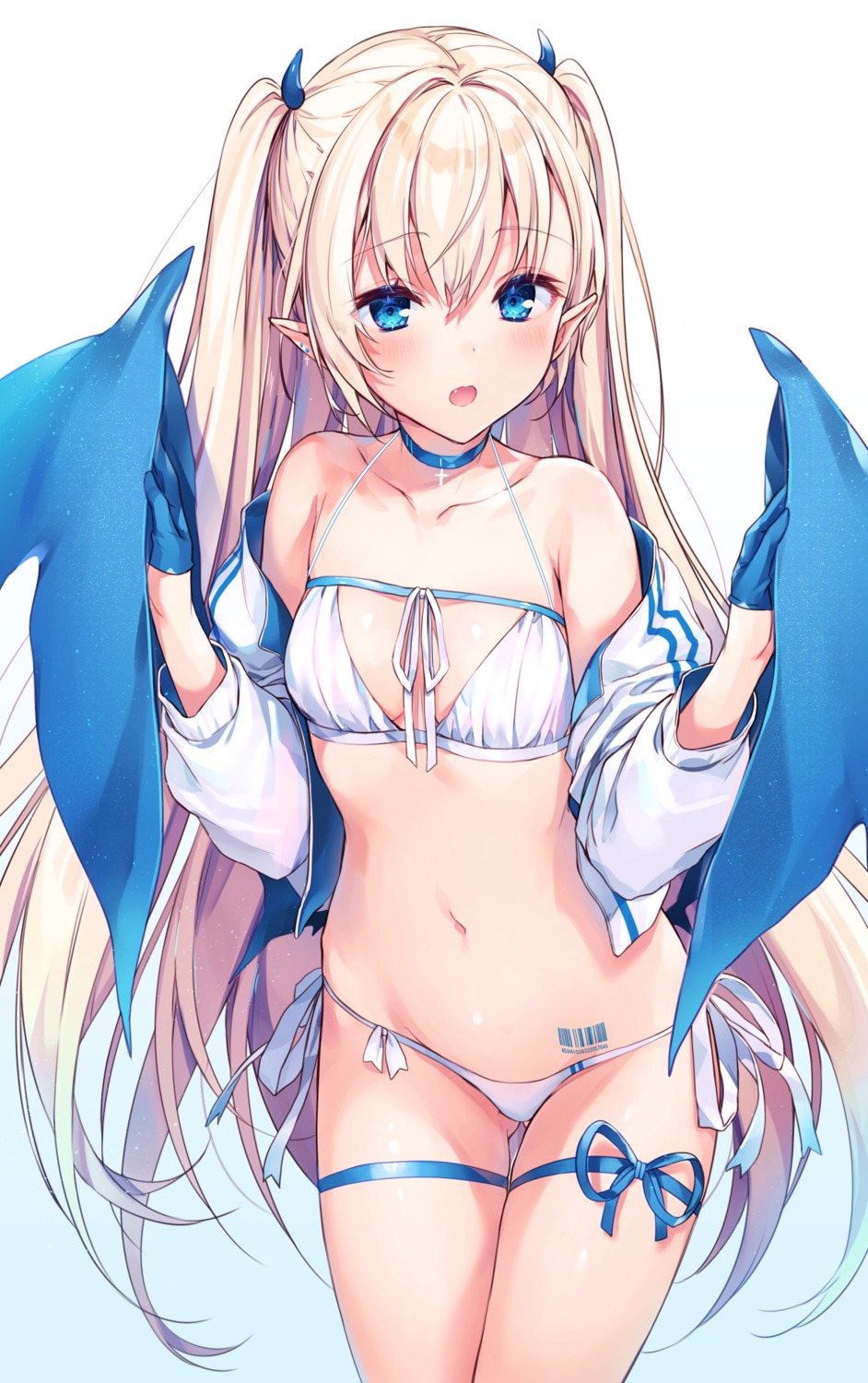 bikini garter horns komeshiro_kasu open_shirt pointy_ears swimsuits tattoo wings